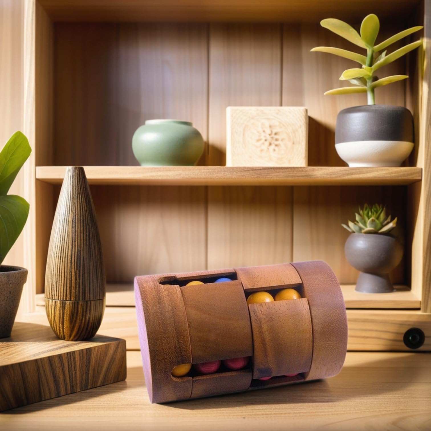 Spin to Win Cylinder Rotational IQ Cube Puzzle Wooden Spinning Sequential Color Barrel Brain Teaser Game