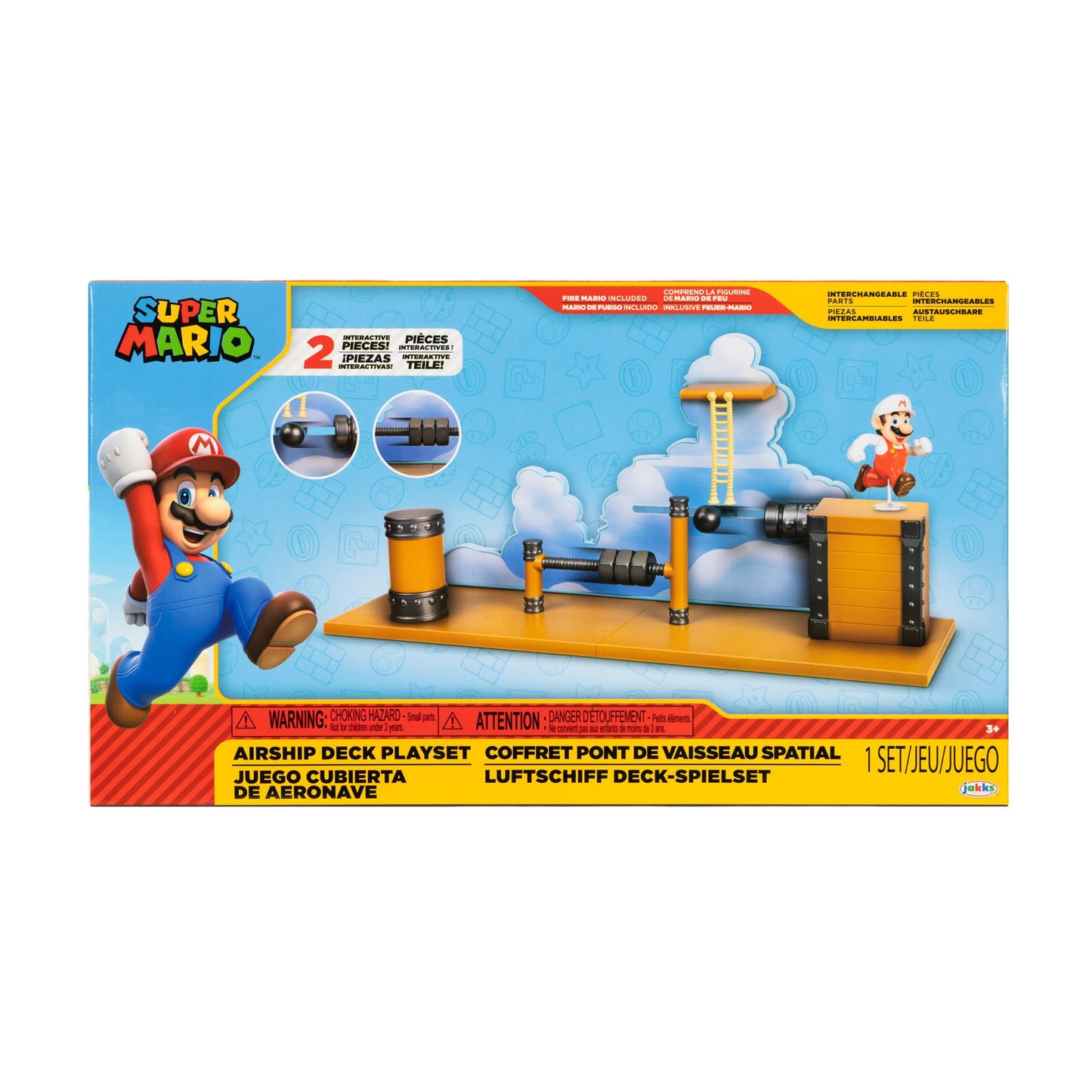 Super Mario Deluxe 2.5in Bowser's Air Ship Playset with Fire Mario Action Figure, Rope Ladder and Screw-Bolt Obstacles