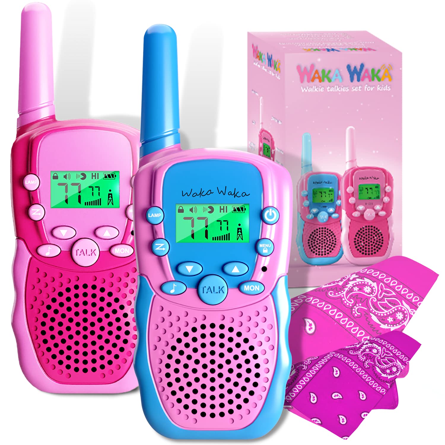Waka Waka Walkie Talkies for Kids (2 Pack, Pink and Light Blue) - Long Range Two-Way Walkie Talkie Set with Bandanas and Whistles Included - Great for