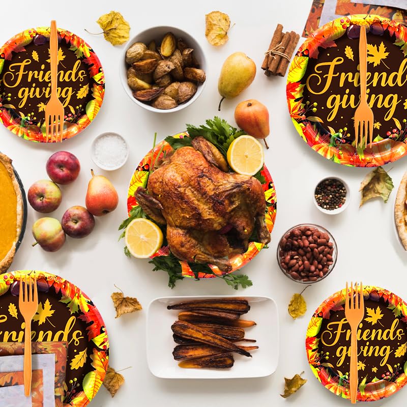 96 Pieces Friendsgiving Tableware Set Party Supplies - Fall Thanksgiving Pattern Disposable Dinnerware with Paper Plates, Napkins, Forks for Autumn