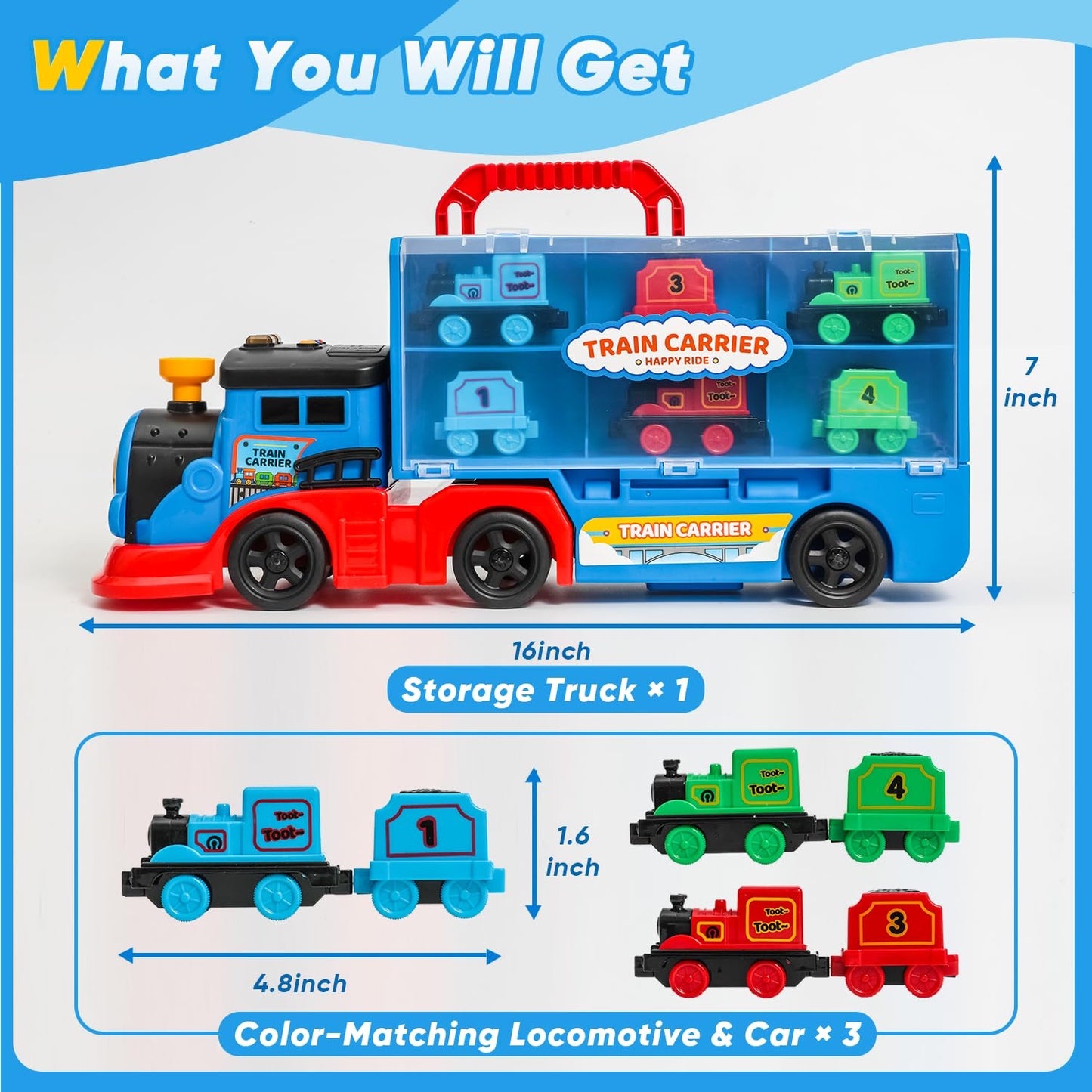 Trucks Toys for Toddler, Transport Truck Train Set with Light and Sound, 1 Transport Toy Trucks,6 Magnetic Trains, Kids Birthday Gifts.