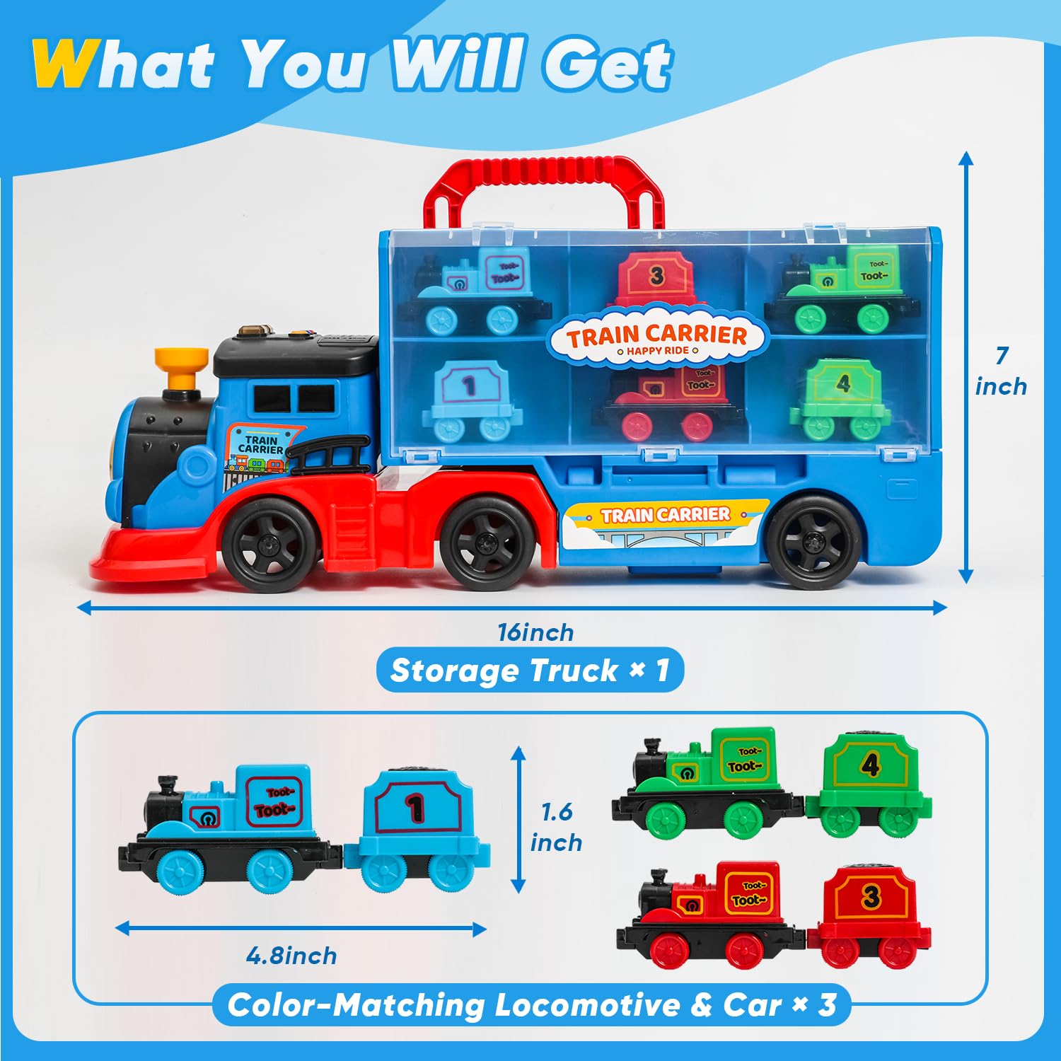 Trucks Toys for Toddler, Transport Truck Train Set with Light and Sound, 1 Transport Toy Trucks,6 Magnetic Trains, Kids Birthday Gifts.