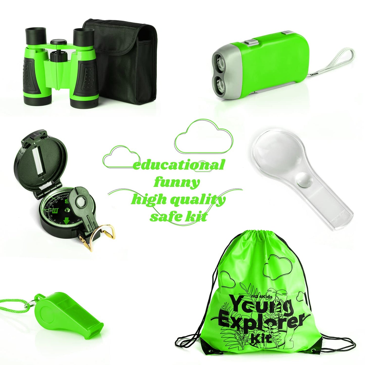 HQ 4KIDS BY: WE 4U - Outdoor Adventure Kit for Kids: Binoculars, Compass, Magnifying Glass & Flashlight. 3-12 Year Old Boys & Girls (Green) (Green)