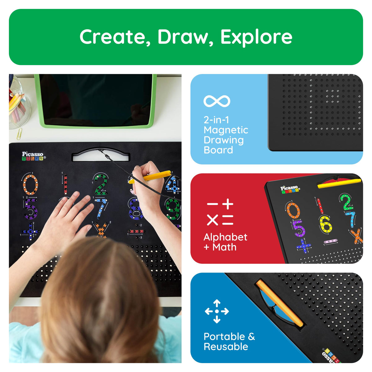 PicassoTiles 2in1 Magnetic Drawing Board Toy 12x10 In Large Magnet Bead Pad with Alphabet and Math Side in Black STEM Educational Writing Playboard
