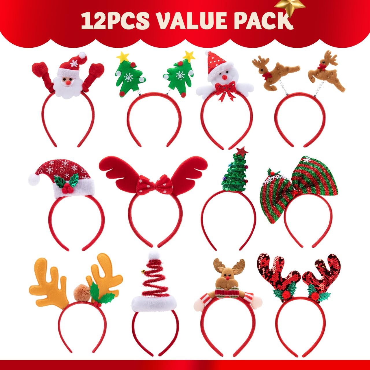 JOYIN 12 Packs Christmas Headbands with Assorted Design Christmas Headwear Holiday Headbands Accessories for Women Men Christmas Parties Xmas Holiday