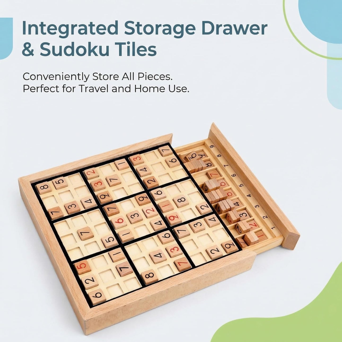 Wooden Sudoku Puzzle Board Game Set with Drawer, 9x9 Math Brain Teaser Desktop Game, Natural Beechwood Logic Thinking Training Toy for Adults