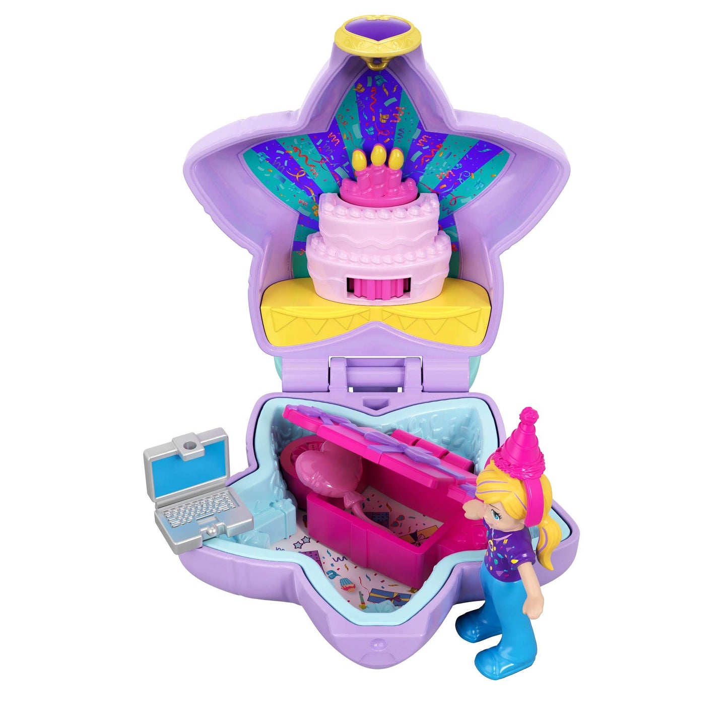 Polly Pocket Tiny Pocket Places Birthday Surprise Party Compact with 2 Reveals, Accessories, Micro Polly Doll & Sticker Sheet; for Ages 4 and Up