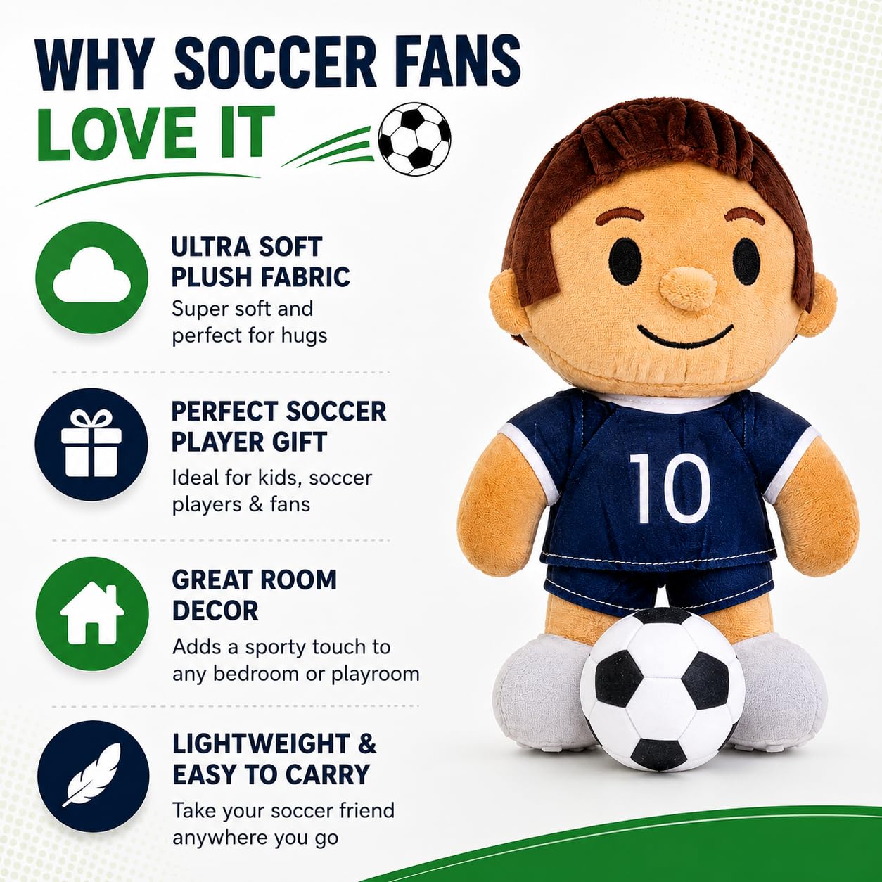 Olivia Martini Soccer Plush Toy for Kids, 10 Inch Soft Player Stuffed Animal, Cute Doll Plushie, Room Decor for Boys & Girls, Gift for Soccer Players
