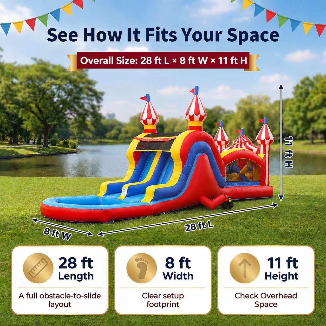Wonder Dome Kids Backyard 28FT Carnival Theme Obstacle Course Water Slide