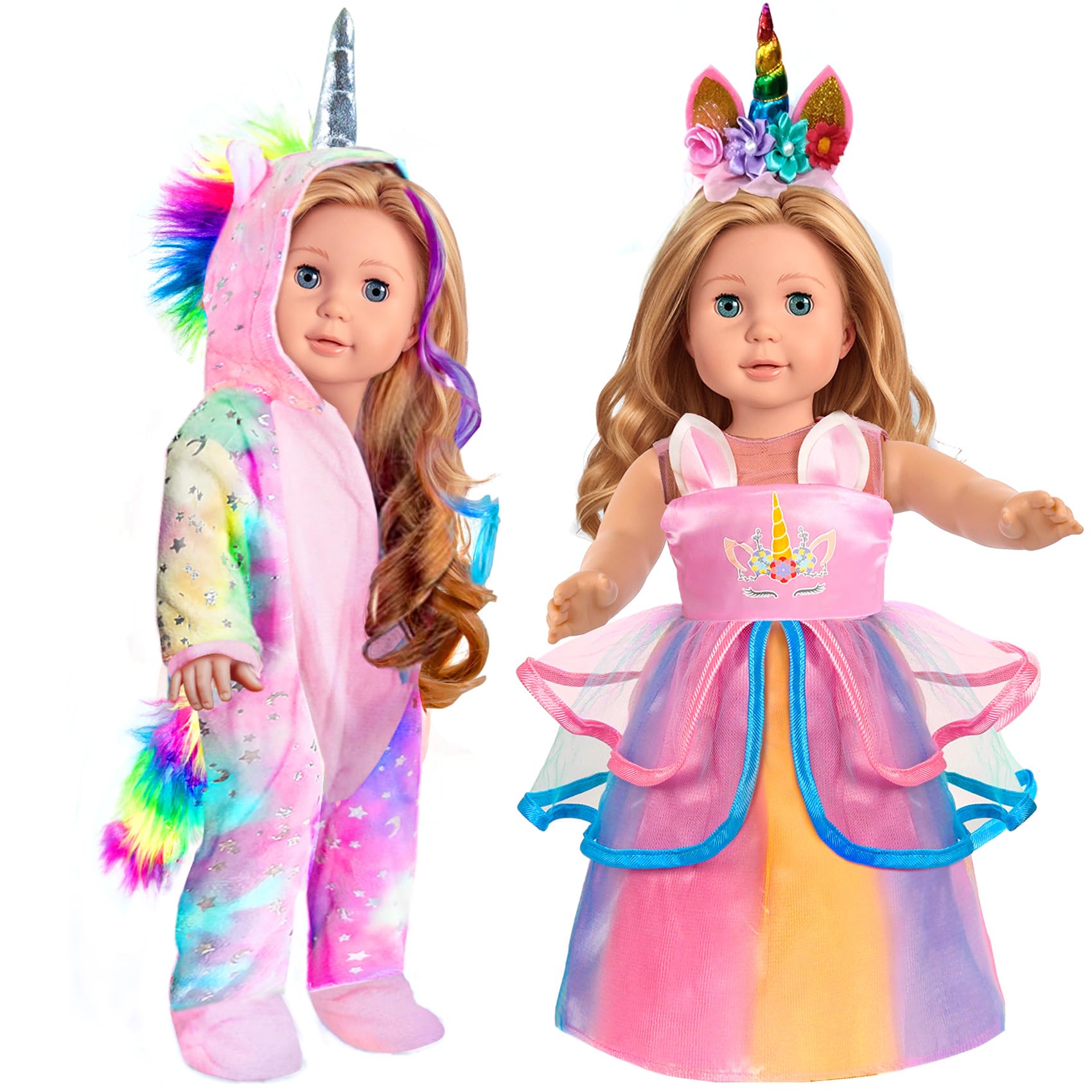 WONDOLL American 2-Sets 18-inch Doll Clothes Set - Amazing Rainbow Unicorn Clothes with Hair Clip and Headband - Compatible with All 18 inch Dolls