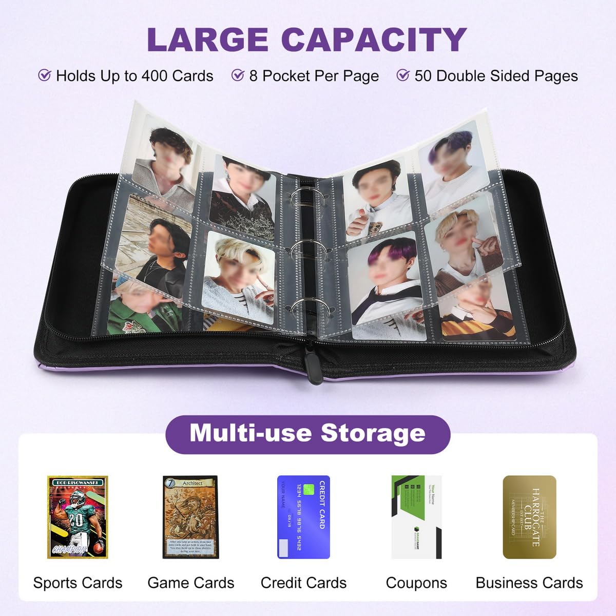 Photocard Binder 4 Pocket with 50 Sleeves up to Hold 400 Cards,Portable Collection Card Ablum for Army Fans Boys and Girls