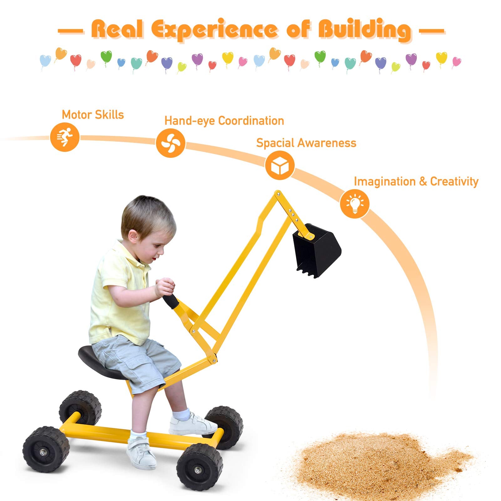 HONEY JOY Ride on Sand Digger, Metal Sit on Crane Sandbox Digger Toy with Seat & Handle, Toddlers Excavator Ride on Toy for Backyard, 4 Wheeler Kids