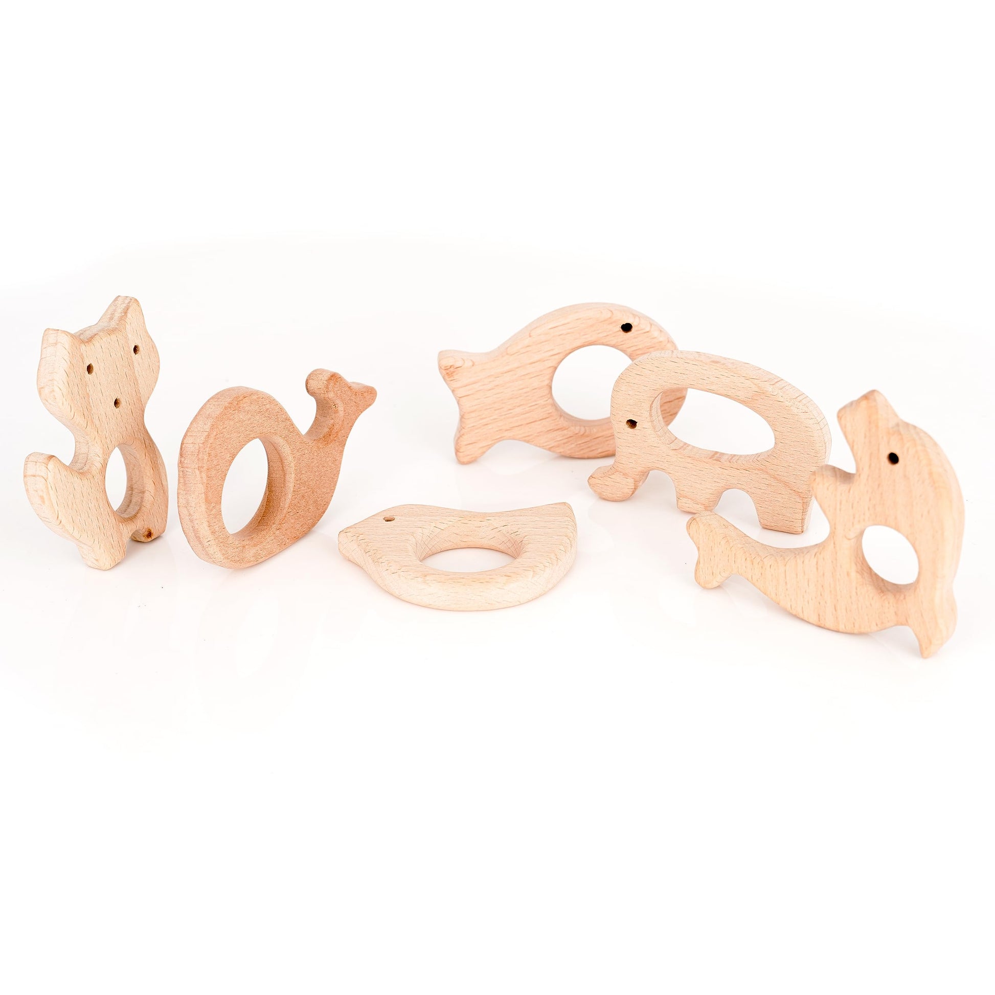 IoF 12 Pcs Teething Toys for Babies, Natural Wooden Teething Rings Baby Teether Chew Toys for Infant Toddler Teethers Crackers Animal Set Pain Relief