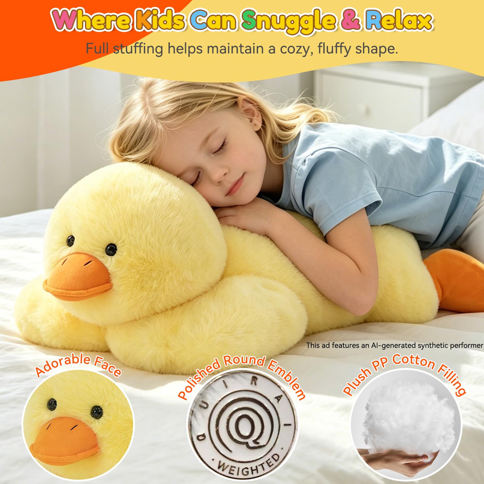 QUIRAI Duck Stuffed Animal Weighted Plush,Yellow Duck Weighted Stuffed Animals Plush Pillows for Kids & Adults, Cozy Bedtime, Reading & Relaxing