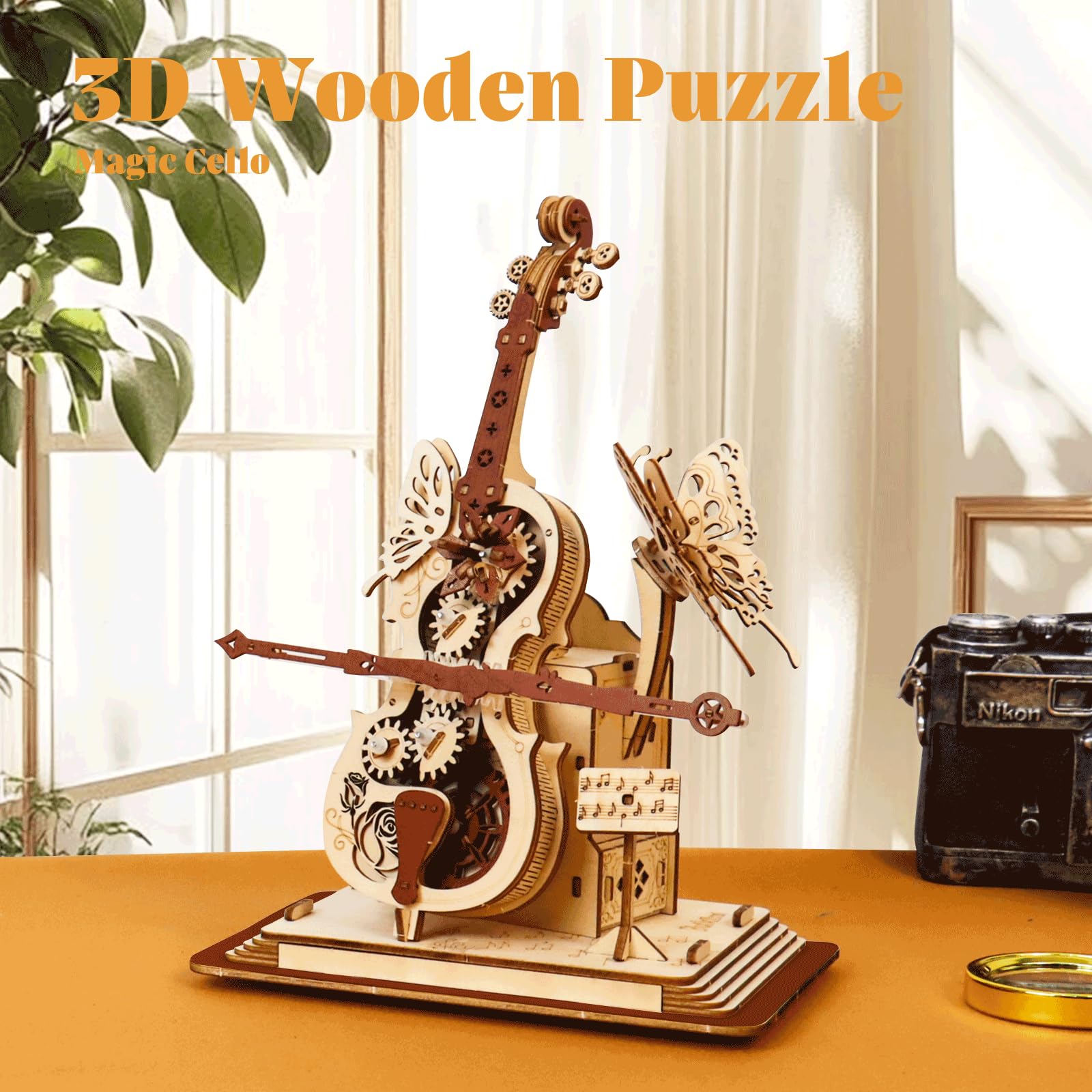 3D Wooden Puzzles for Adults, Wooden Music Box Kits-Cello Wood Model Kits for Adults to Build, Gift for Men Women Hobby for Adults (Music Cello)