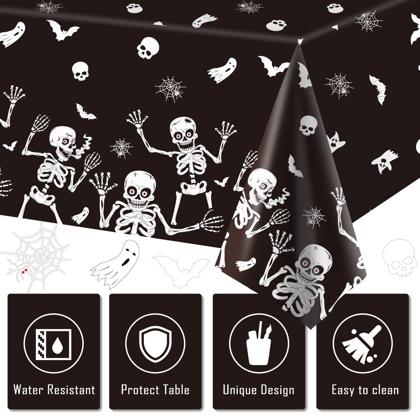 3 Pack Halloween Skeleton Tablecloth, Halloween Tablecloth Party Decorations, Plastic Skull Tablecover Backdrop Background Banner for Haunted House