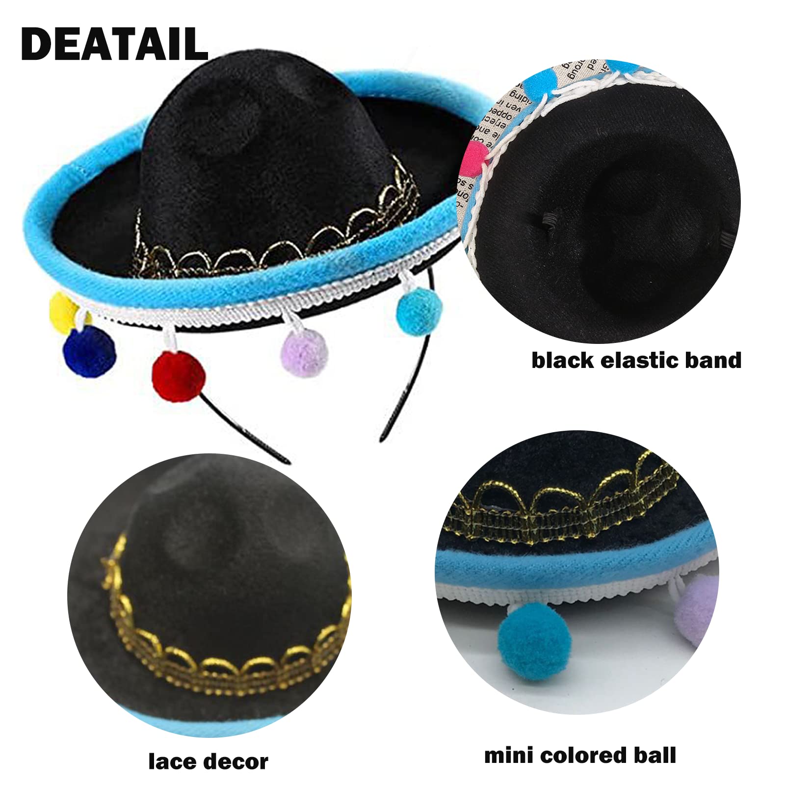 SEIHDHIK 2 PCS Mini Sombrero Headbands, Small Fabric Mexican Sombrero Hats,Straw Mexican Sombrero Hats with Ball Fringe for Mexican Themed Party
