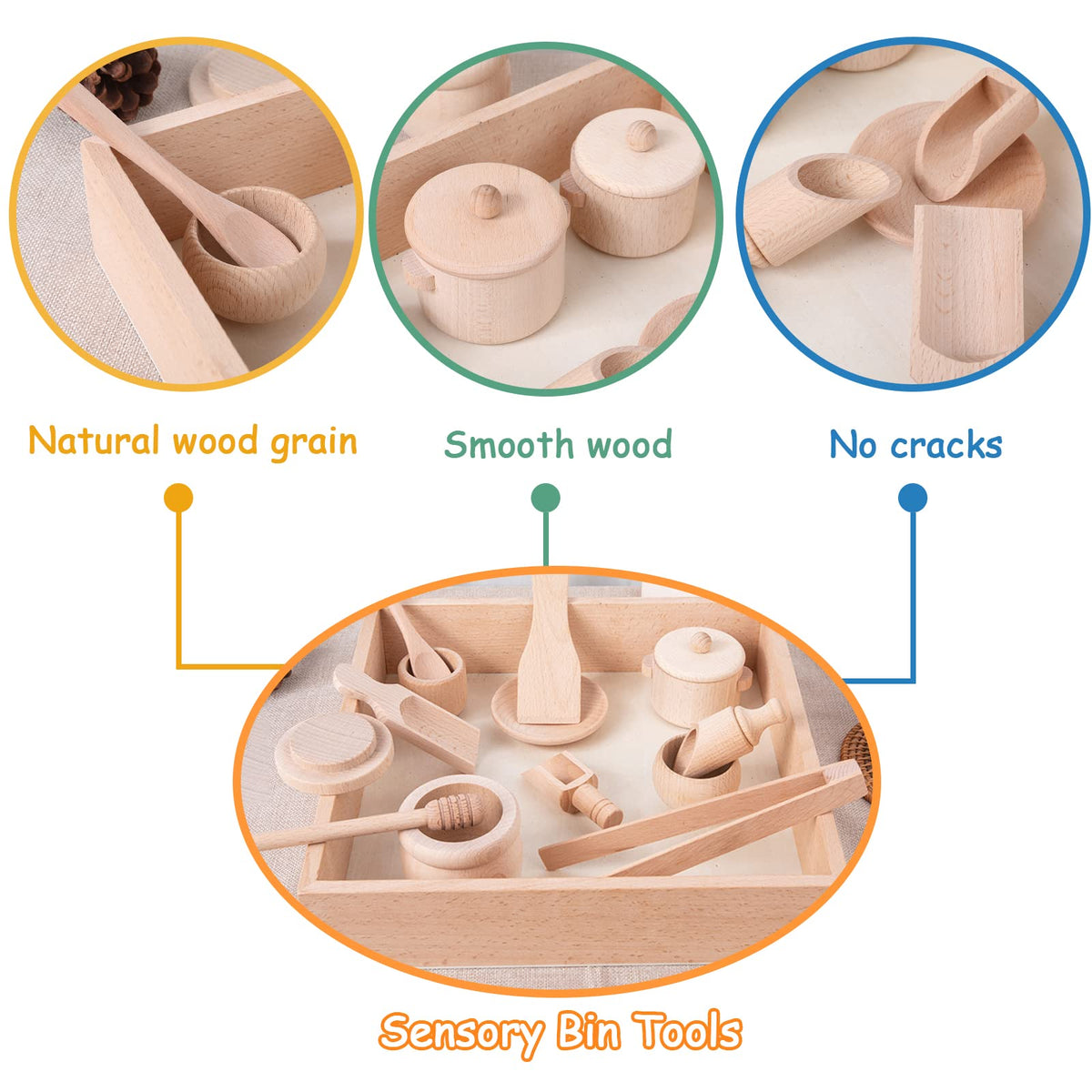 Montessori Sensory Bin Tools Toy with Wooden Box for Toddlers, Pretend Play Dish Toys Wooden Bowls Scoop Tongs Transfer Work Pouring Set, Kids Fine
