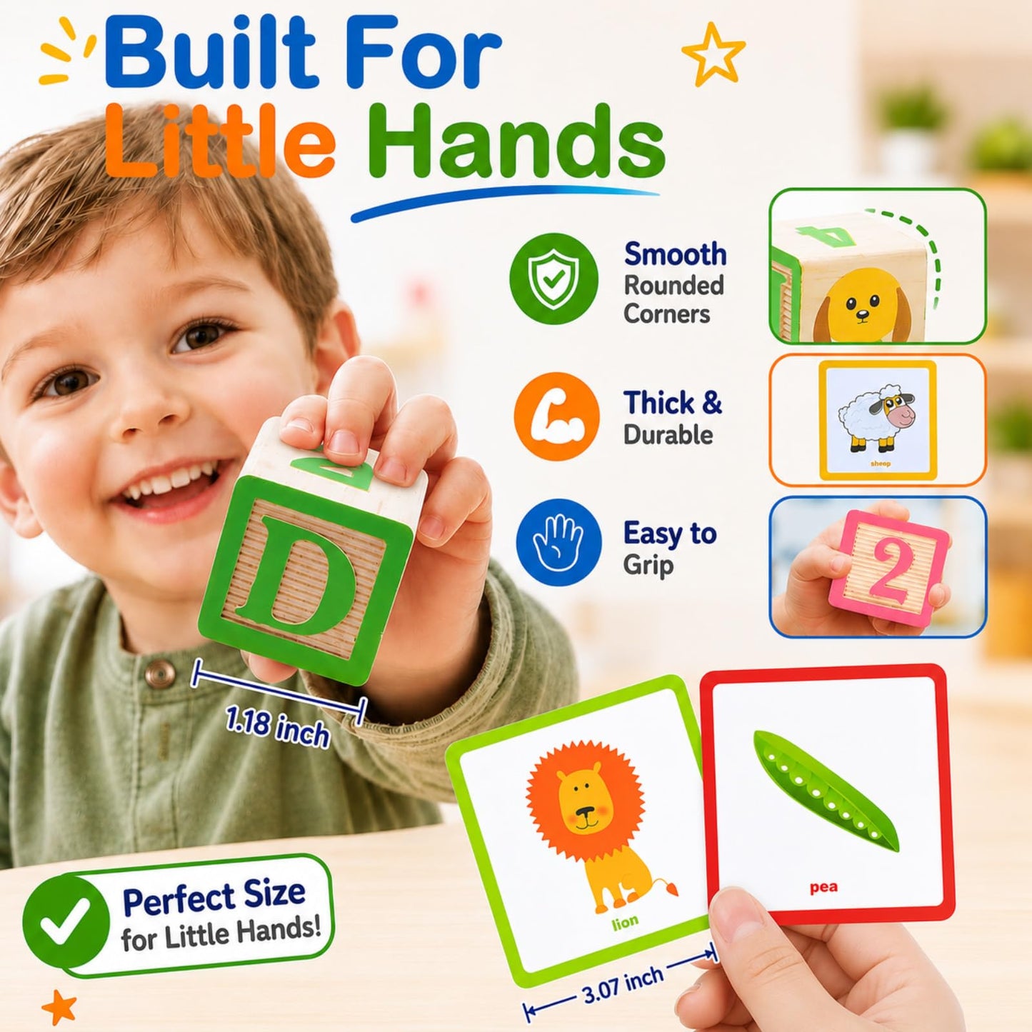 Humerry Wooden Alphabet Blocks with Flash Cards, 36 PCS ABC Learning Blocks for Toddlers 1-3