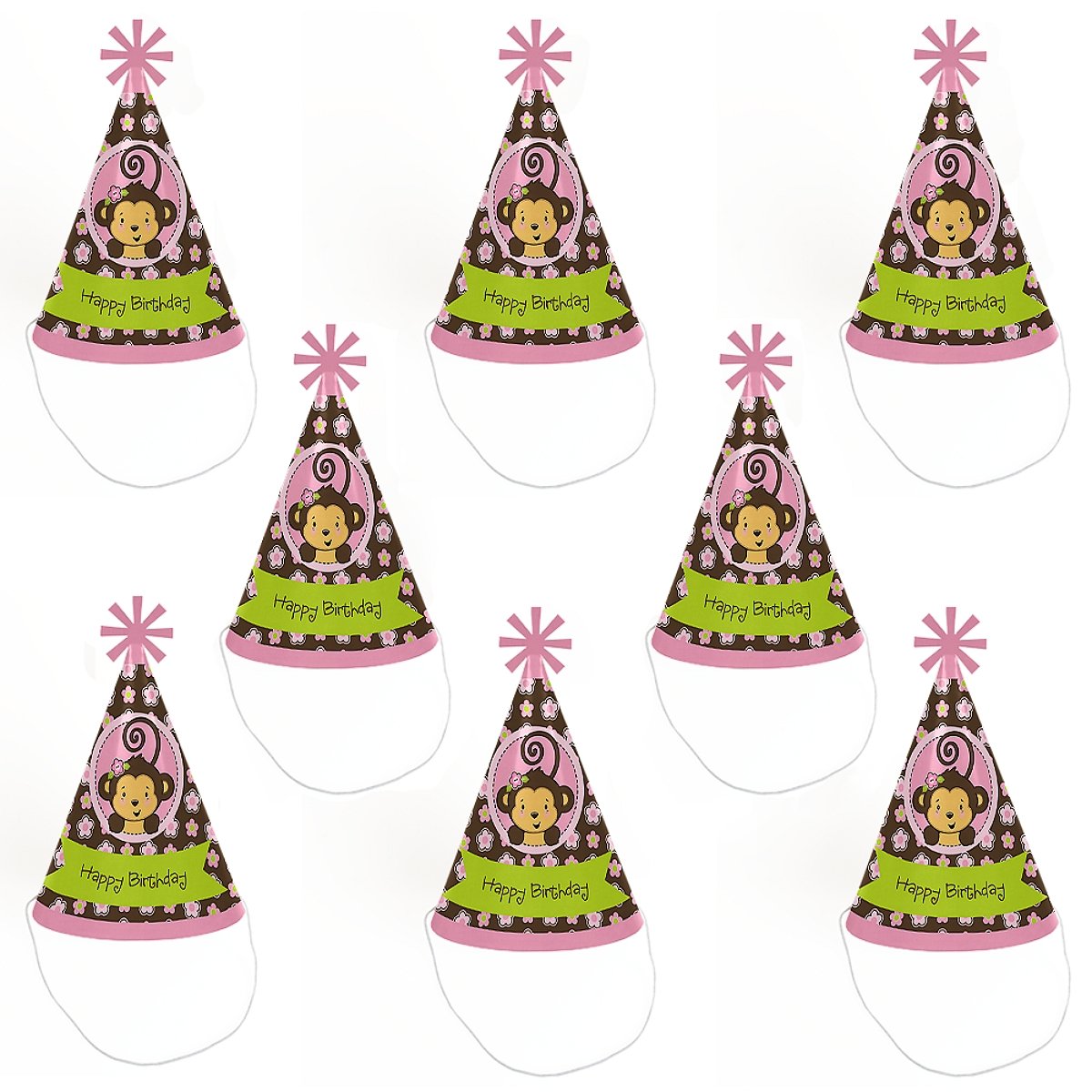 Big Dot of Happiness Pink Monkey Girl - Cone Happy Birthday Party Hats for Kids and Adults - Set of 8 (Standard Size)
