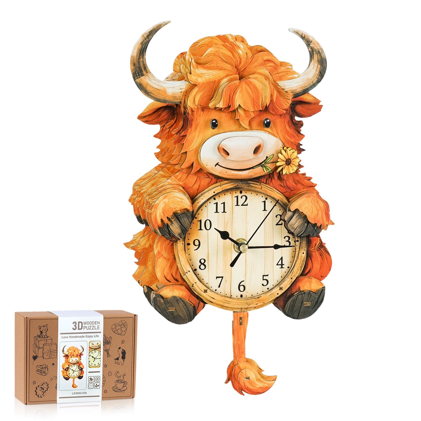 Rnfinewow 3D Puzzles for Adults, Highland Cow Clock Kit with Pendulum, 3D Wooden Puzzles Model Kit Home Decor DIY Wall Clock Highland Cow Puzzle