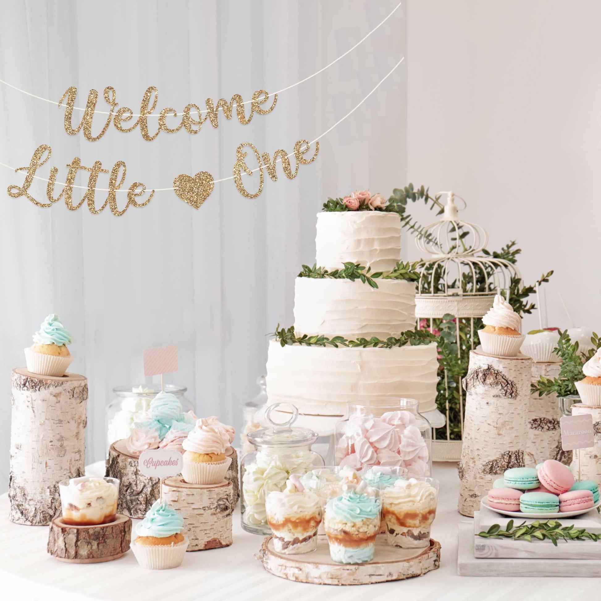 Pre-Strung Welcome Little One Banner - Gold Glitter Baby Shower Banner