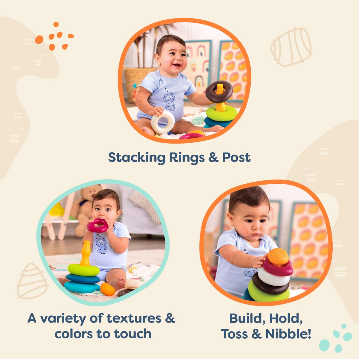 B. toys - Stacking Rings - Textured Ring Stacker for Babies - Early Development Toys - 100% Non - Toxic - Fun & Educational for Dexterity & Cognitive