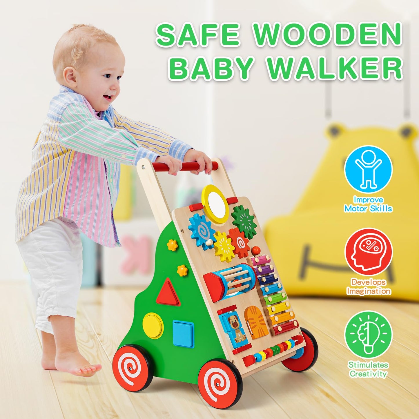 HUZU Wooden Baby Walker with Wheels, Montessori Push and Pull Activity Center for Toddlers, Adjustable Height & Speed, Learning Toy for 6-12 Months