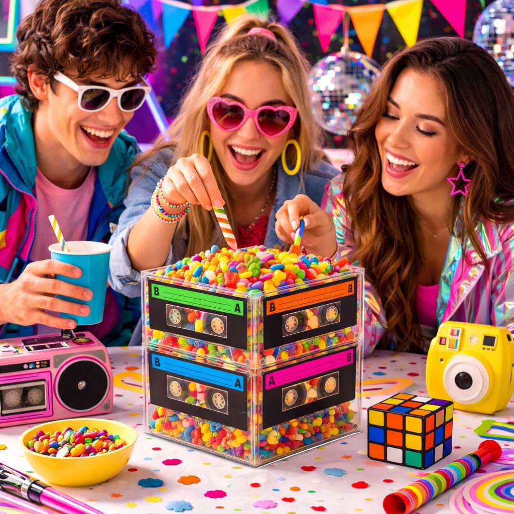 4E's Novelty Cassette Tape Bucket Centerpiece (Pack of 4) 80s Party Supplies, 90's Theme Birthday Party Decoration Cassette Tape Table Decor, Retro