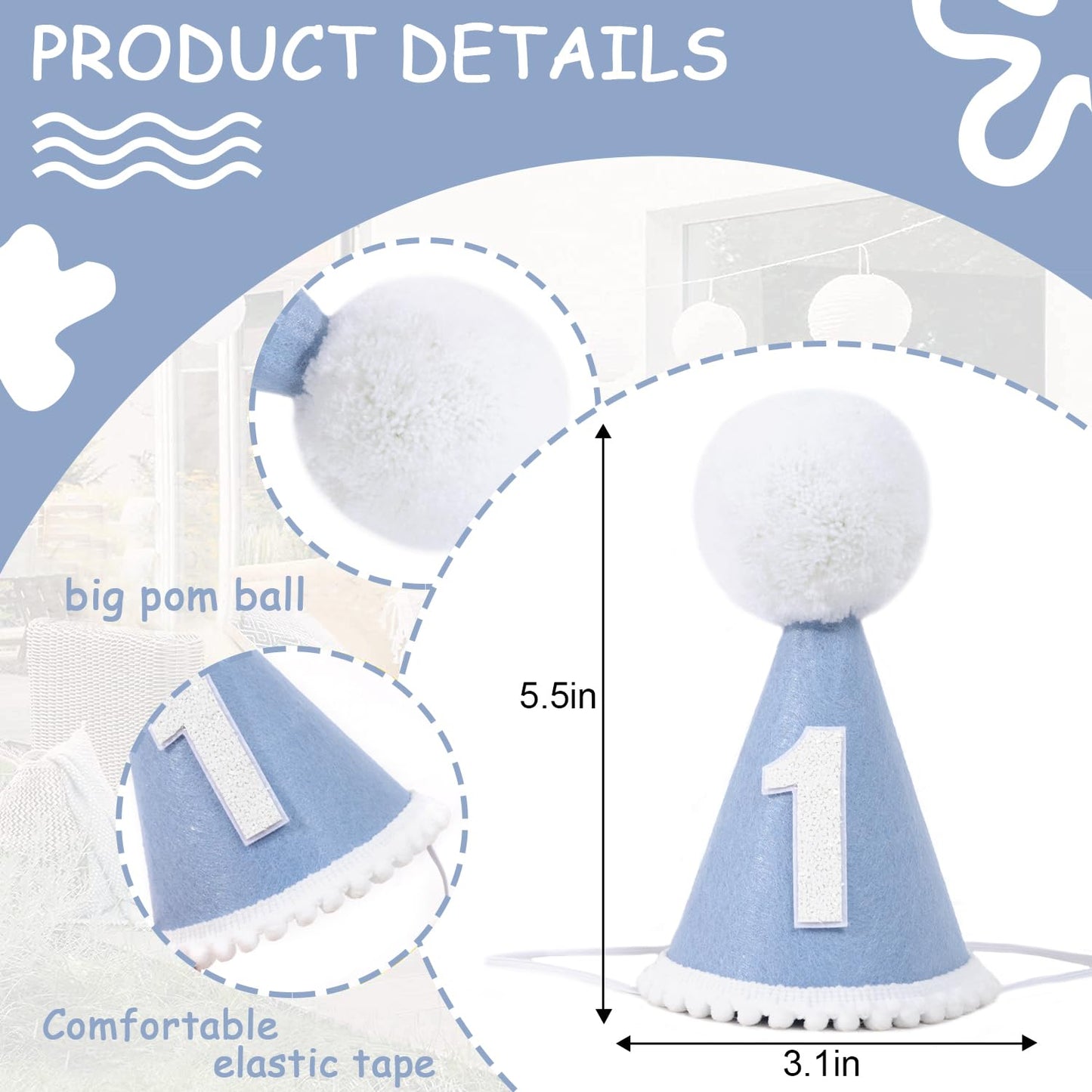 YOUAME Blue 1st Birthday Party Hat - Crown for Birthday Decorations, Photo Props, and Dressing