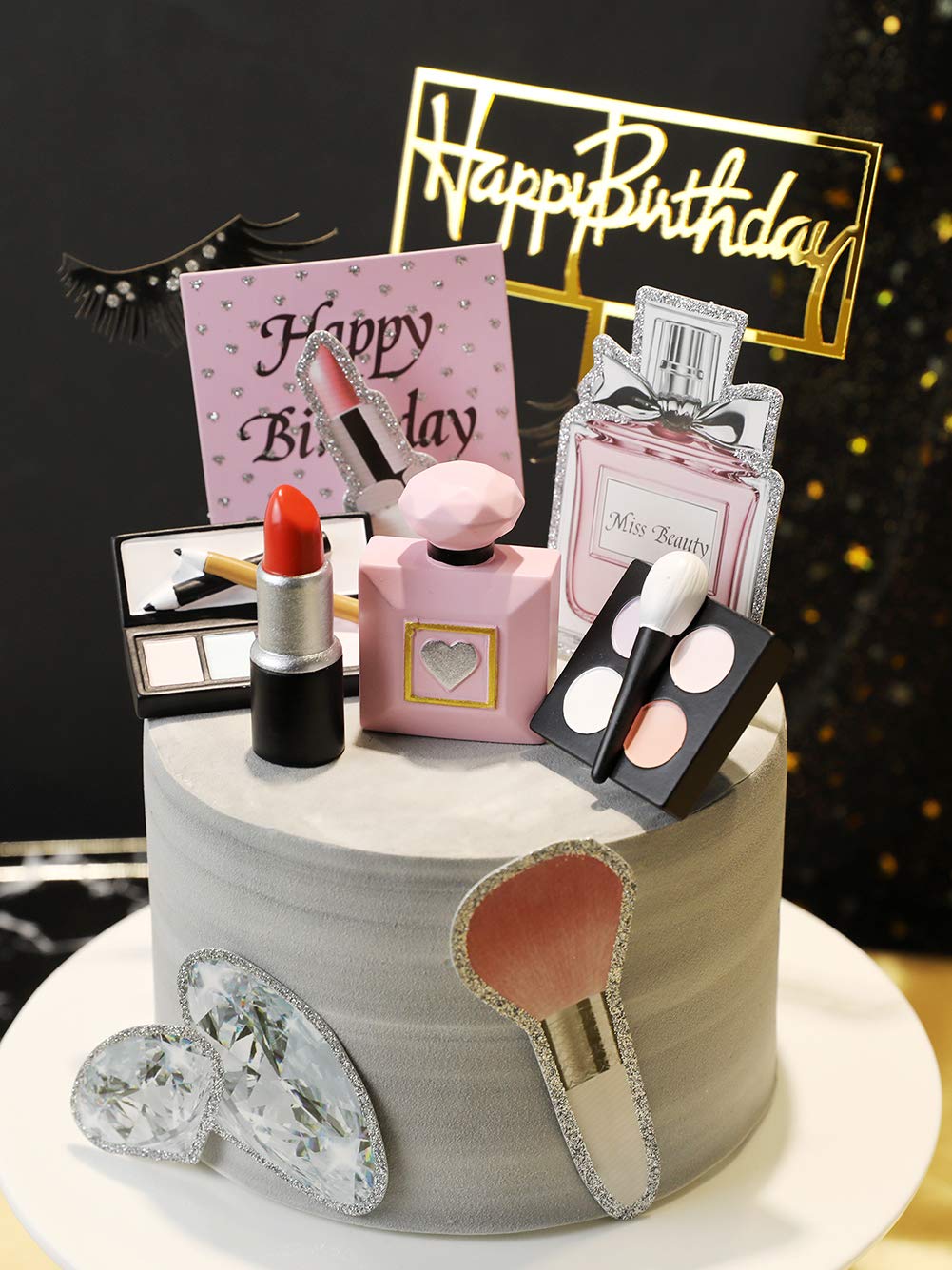 MEMOVAN Makeup Cake Topper 4 Pack, Resin Cosmetics Lipstick Perfume Bottle Eye Shadow Blush Make up Cake Decorations for Bridal Shower Bachelorette