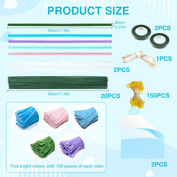 500 Pcs Pipe Cleaners Craft, 5 Assorted Colors Pipe Cleaners Bulk Flower Kit, Chenille Stems for DIY Flower Making Kit with Floral Wires, Gardening