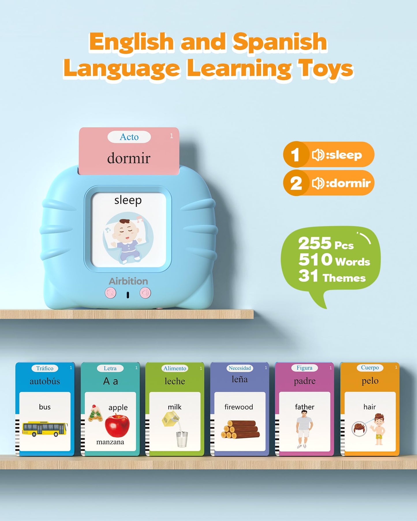 Airbition Bilingual Spanish and English Talking Flash Cards for Ages 2+