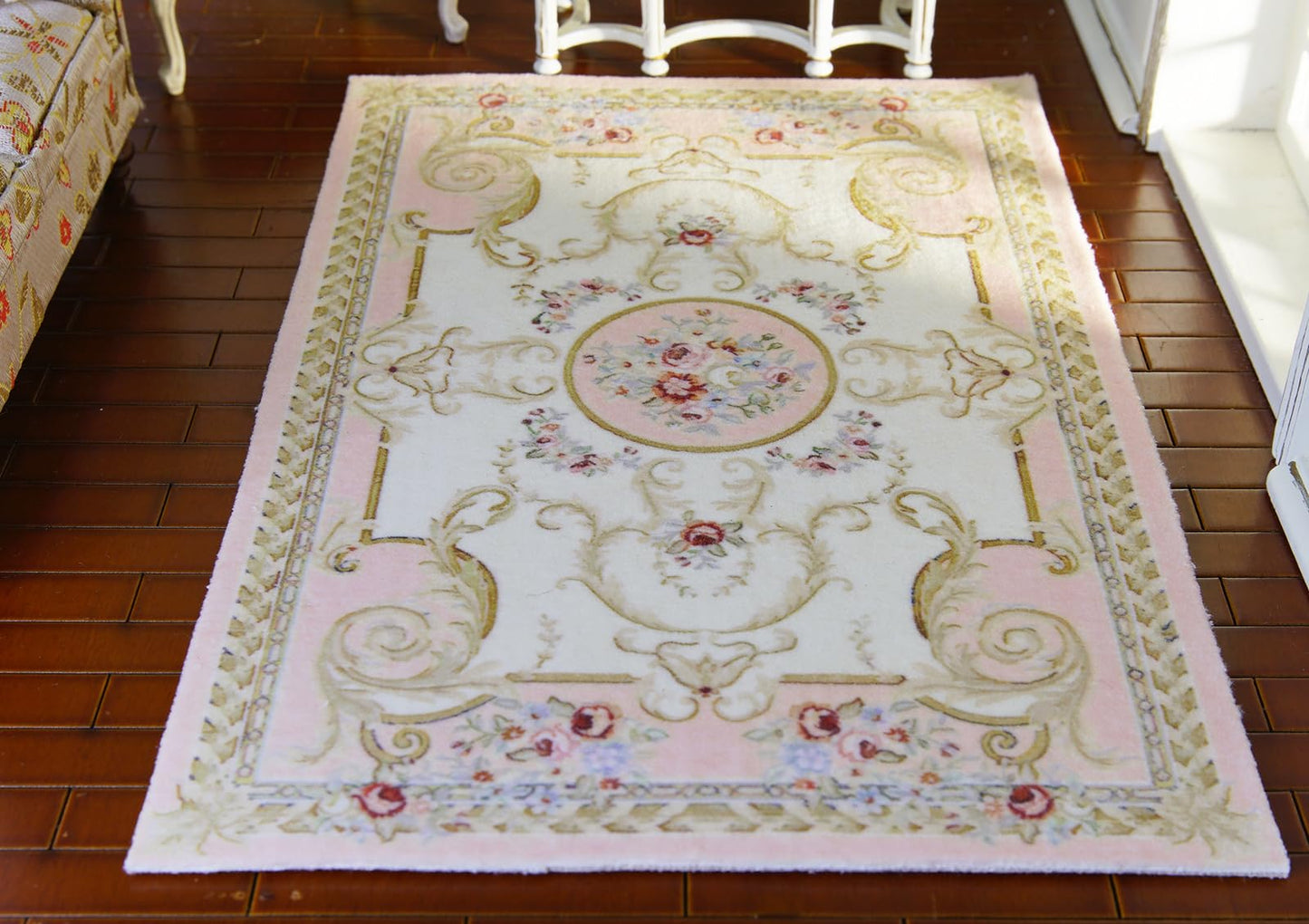 Beautiful Victorian Rose Floral Pink French Swirls Dollhouse Rug 1/12 1/6 (5.4"X8")