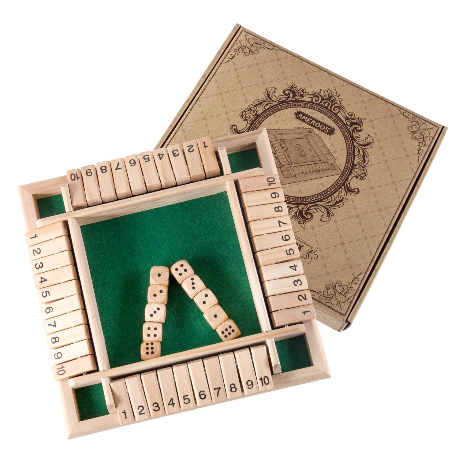 AMEROUS 1-4 Players Shut The Box Dice Game,Classic 4 Sided Wooden Board Game with 10 Dice and Instructions for Kids Adults, Tabletop Version