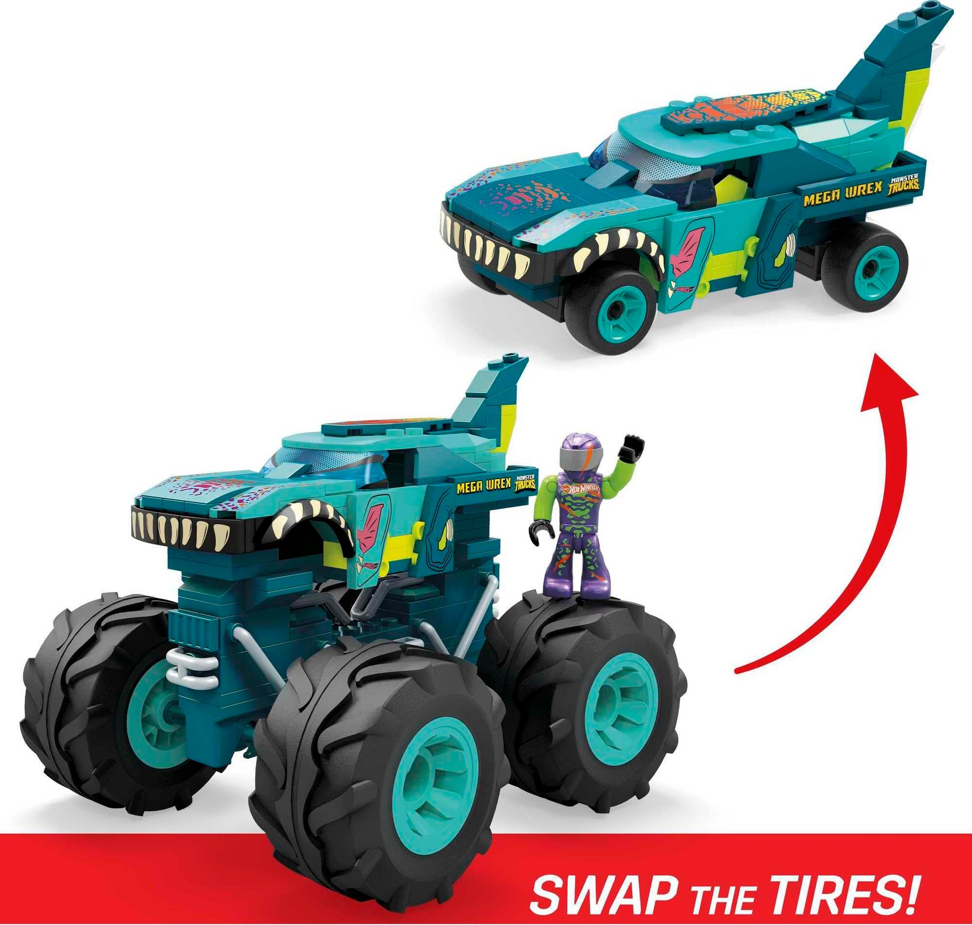 MEGA Construx Hot Wheels Monster Trucks Toy Car Building Set, MEGA-Wrex with 187 Pieces, 1 Micro Action Figure Driver, Red, Kids Age 5+ Years