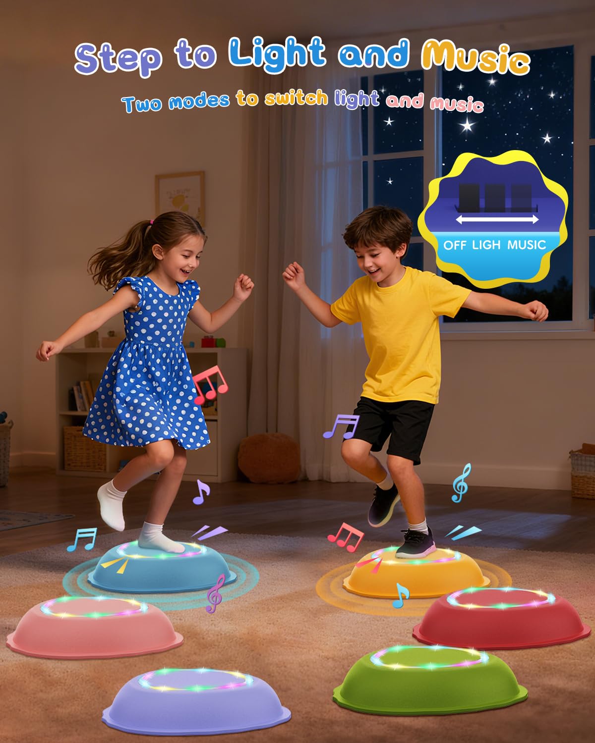 Rechargeable Stepping Stones for Kids, 6pcs Non-Slip Toddler Stepping Stones with Light&Music, Sensory Toys for Indoor and Outdoor Play, Gifts