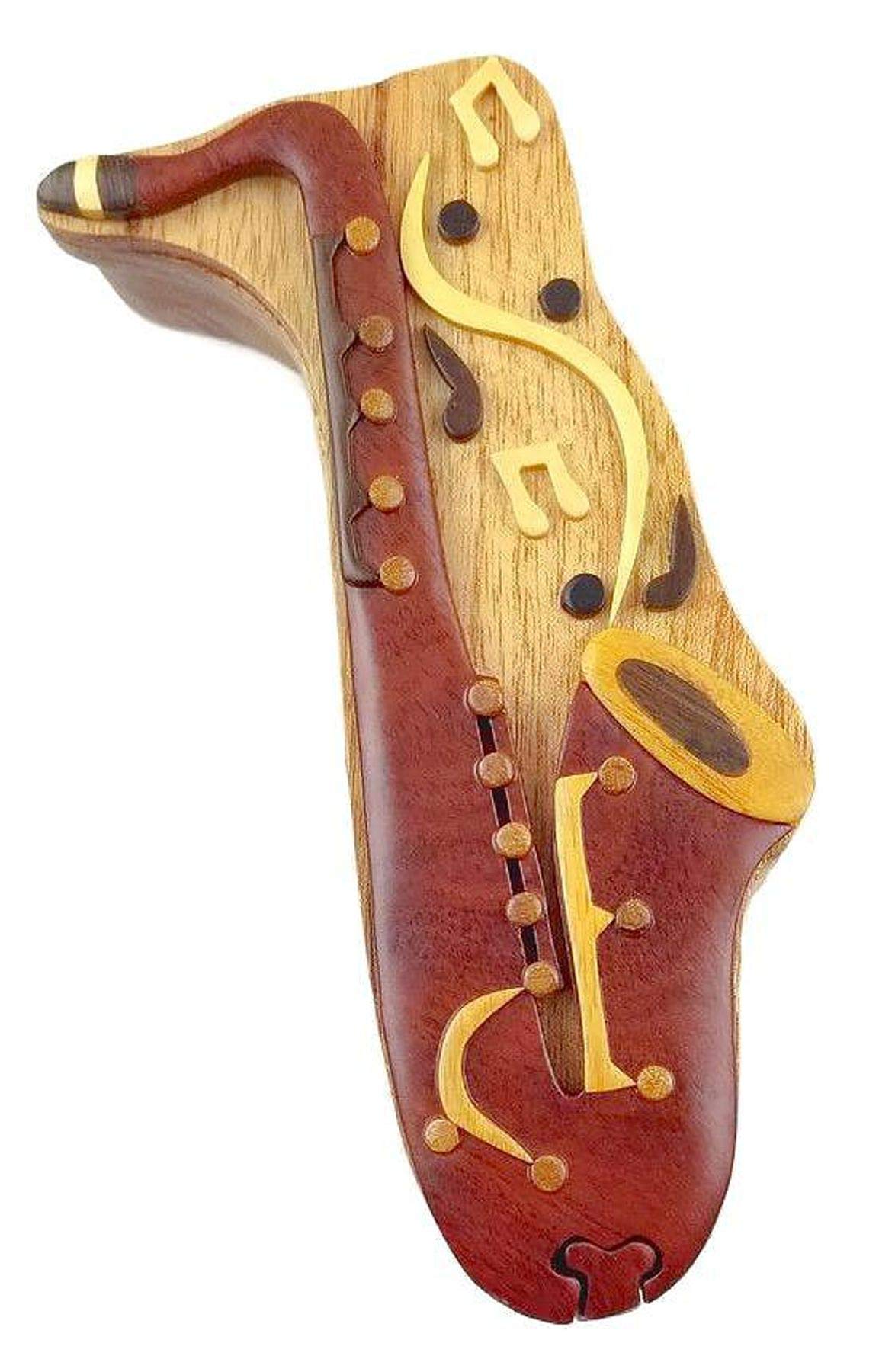 Saxophone with Musical Notes All Natural Exotic Woods Puzzle Box, 7 x 3.5 x 2 with Sliding Wooden Magnetic Key Lock, Sliding Cover and Inner Lid