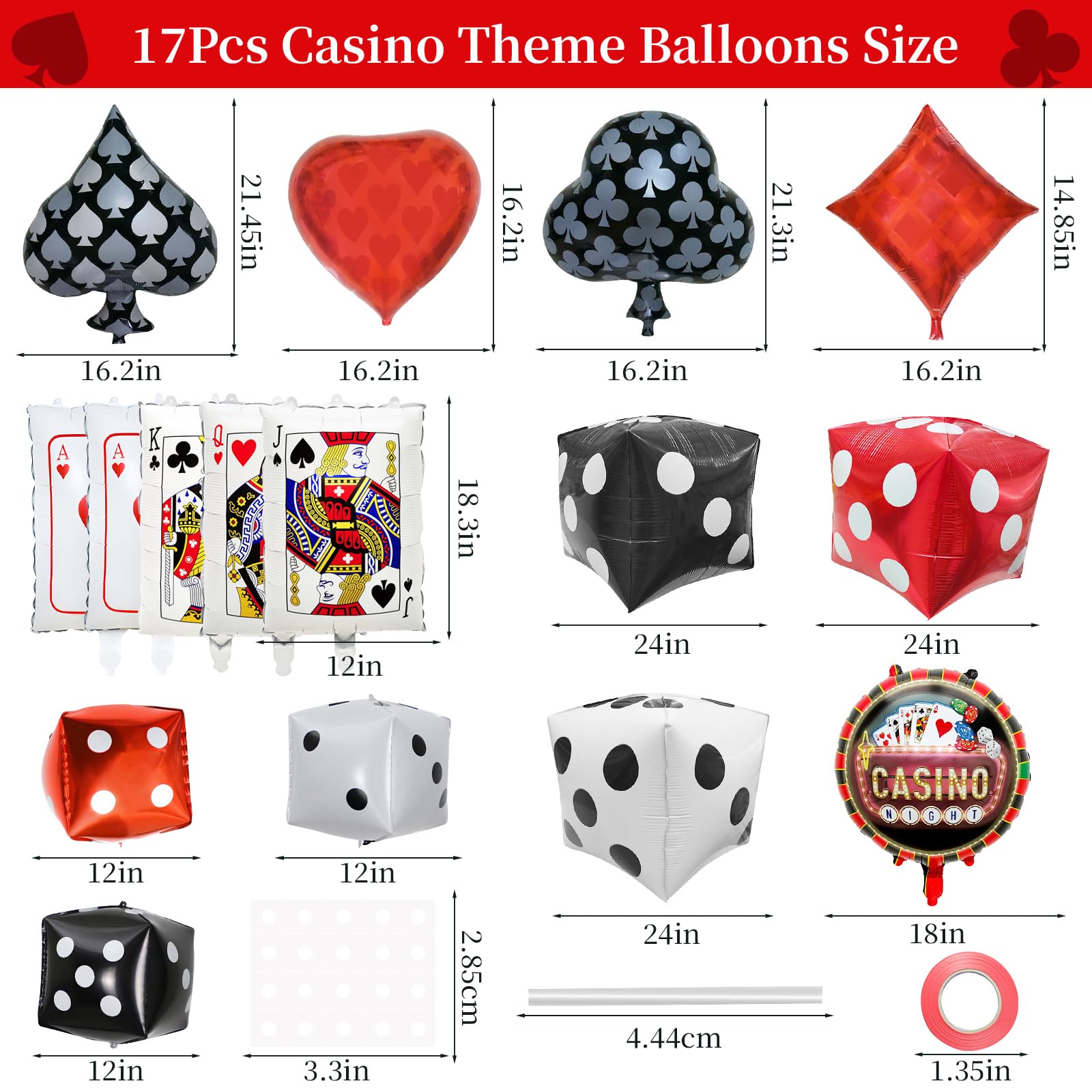 PAKESI 17Pcs Casino Night Balloons Set, Giant 24in Dice & Poker Cards Foil