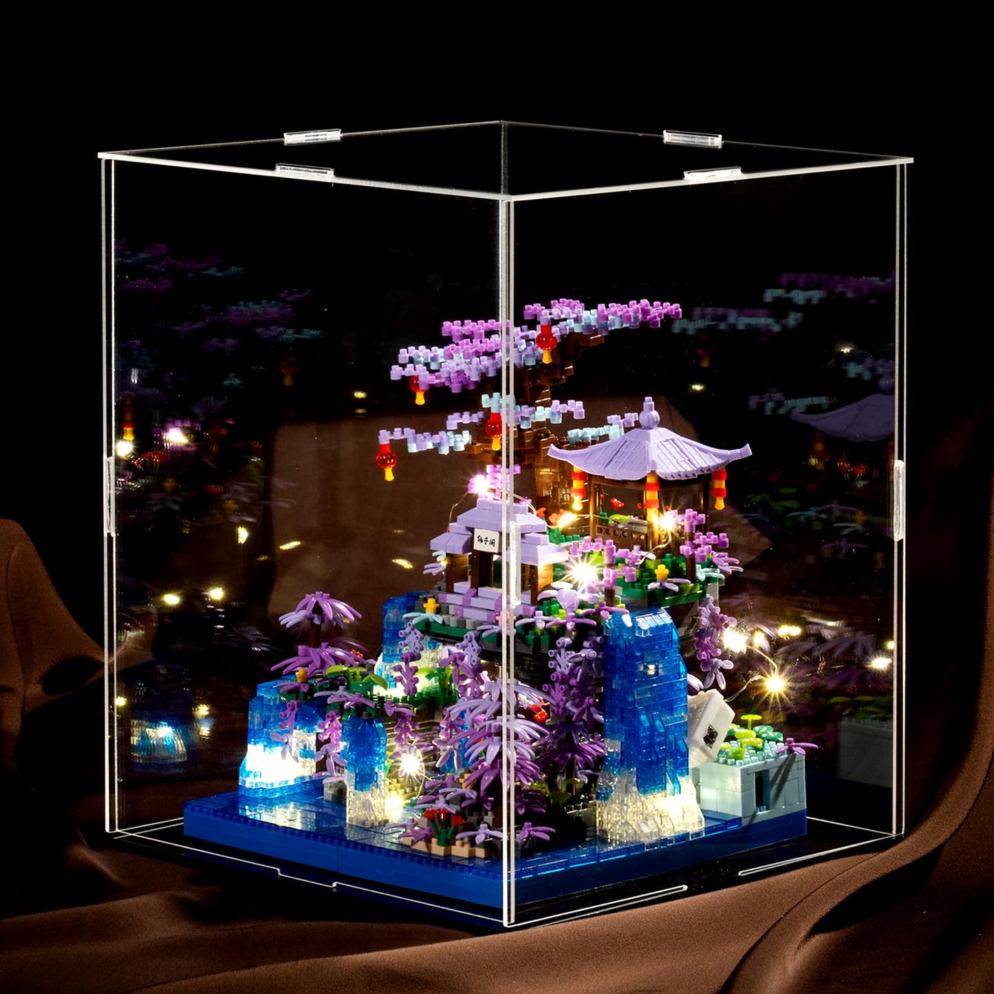 APENGBAOL Peach Blossom Pond Japanese Architecture Building Blocks Set for Adults and Kids with Acrylic Display Cover, Micro Mini Bricks Cherry