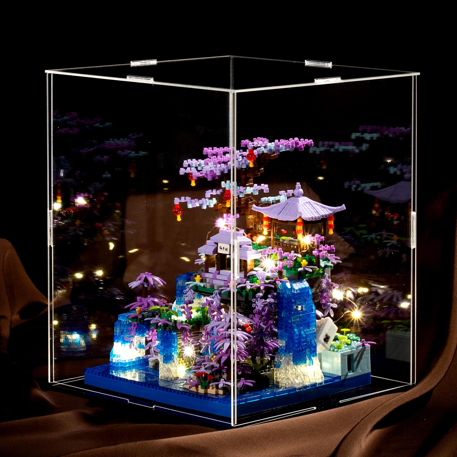 APENGBAOL Peach Blossom Pond Japanese Architecture Building Blocks Set for Adults and Kids with Acrylic Display Cover, Micro Mini Bricks Cherry