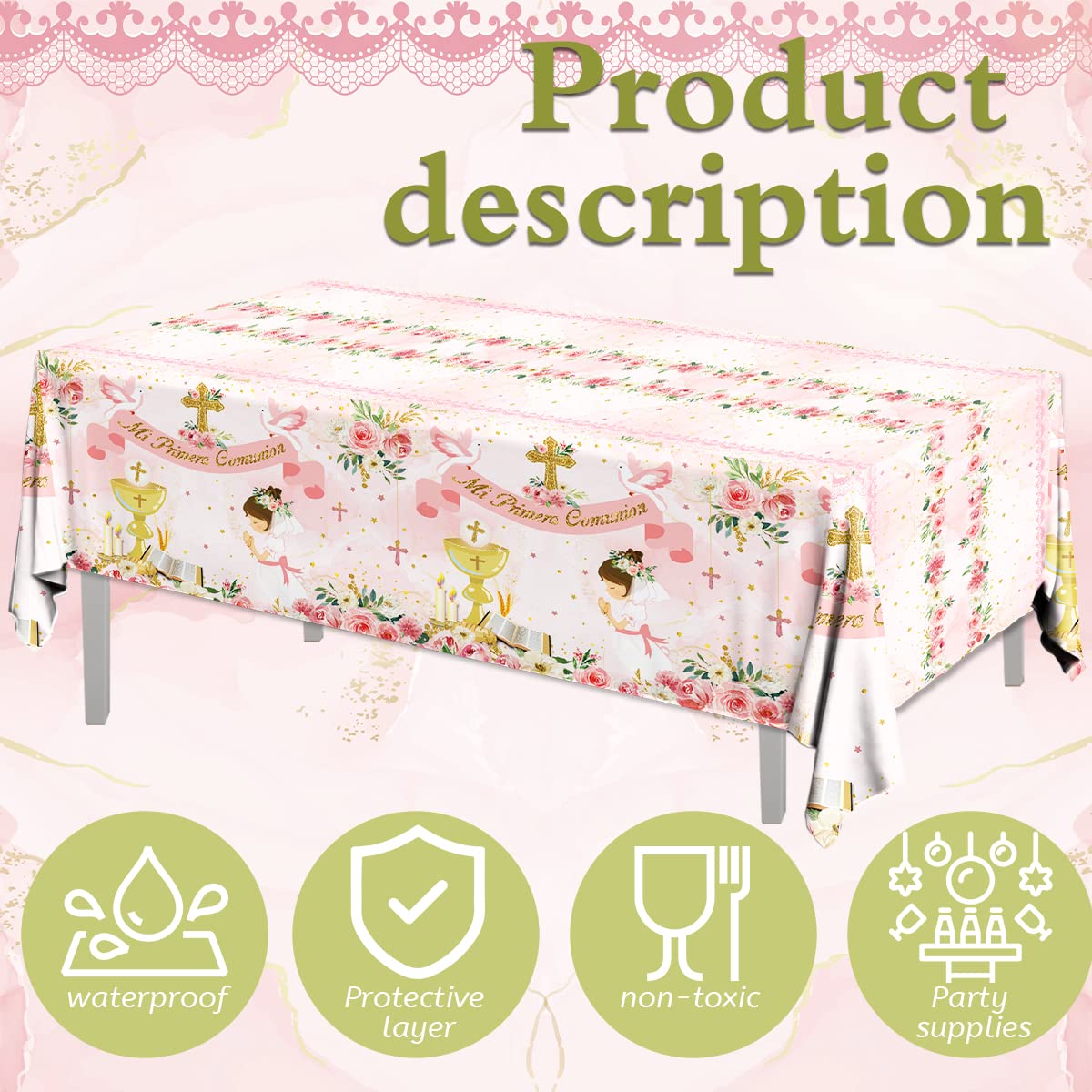 Gupesxu First Communion Decorations-3pcs Pink Mi Primera Comunion Tablecloth Baptism Table Covers for Girl Newborn Baby Shower Table Cloth for First