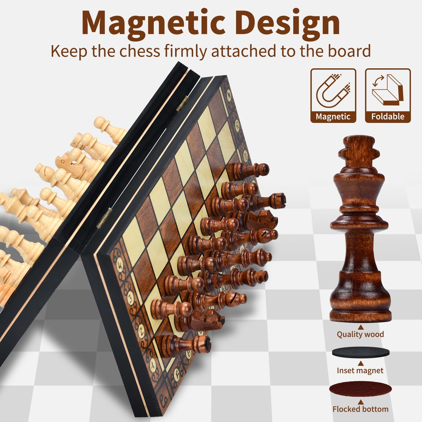 Aissom Magnetic Wooden Chess Set, 2 in 1 Chess Set, 15" Chess Set with Storage and 2 Extra Queens, Foldable for Parties and Family Activities, Travel