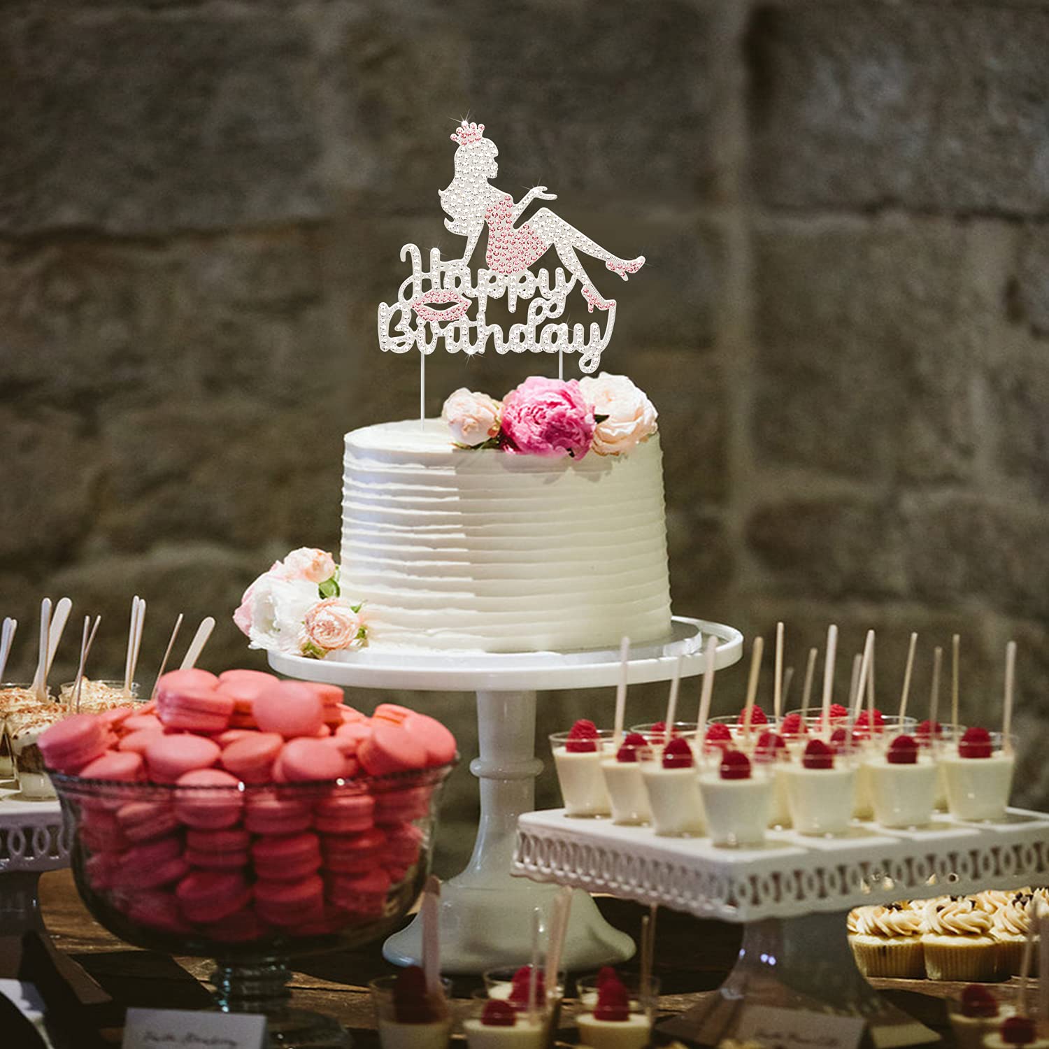 LINGTEER Happy Birthday Crown Queen Lady Rhinestone Cake Topper - Cheers to Makeup Spa Birthday Party Cake Centerpieces Decorations Gift Sign - Pink.