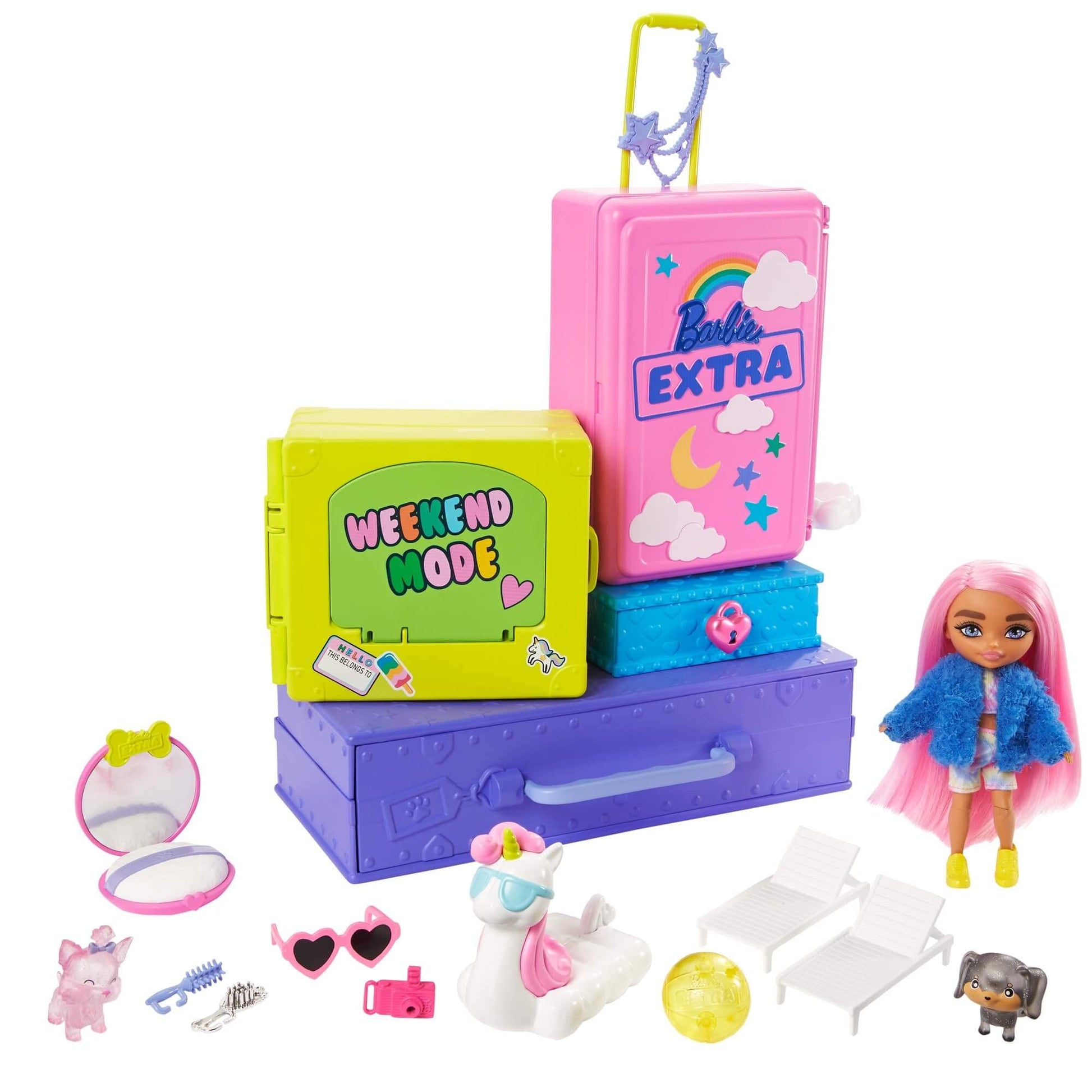 Barbie HDY91 Extra Travel Set with 2 Exclusive Puppies and Doll Figurines, Swimming Pool, Slide, Party Room and Accessories, Children's Toy, from 3