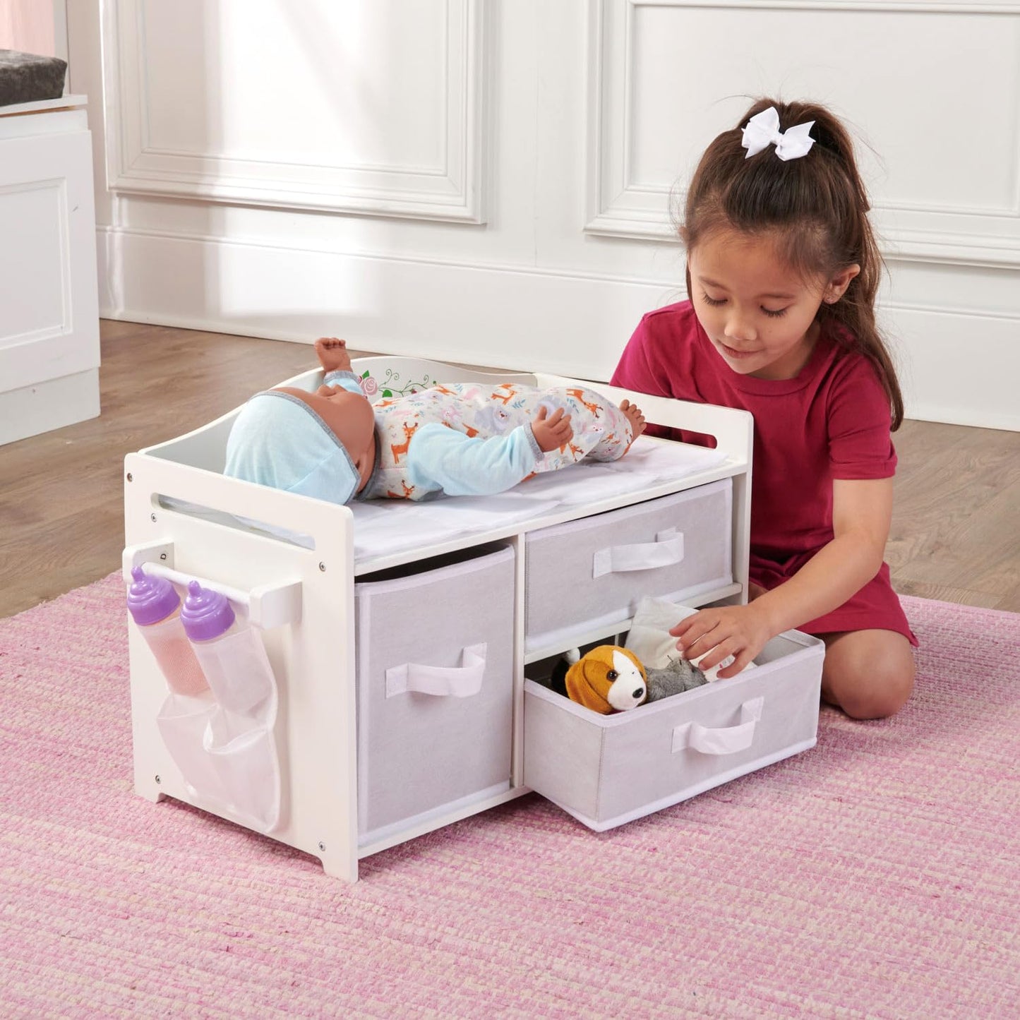 Badger Basket Doll Care Station with Three Baskets and Pocket Organizer for 18 to 20-Inch Dolls - Elegant Playset with Storage and Accessories
