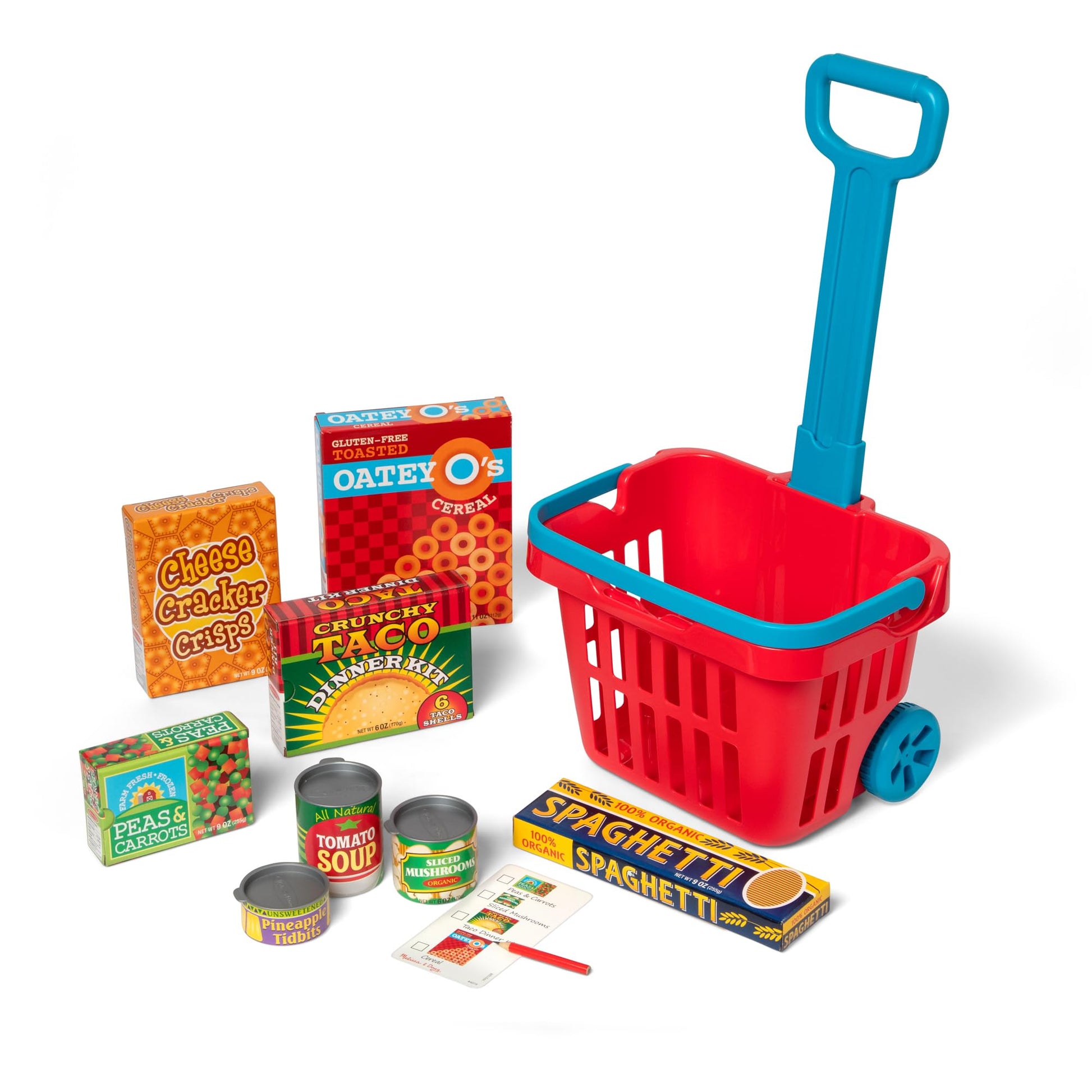 Melissa & Doug Fill and Roll Grocery Basket Play Set With Play Food Boxes and Cans (11 pcs)