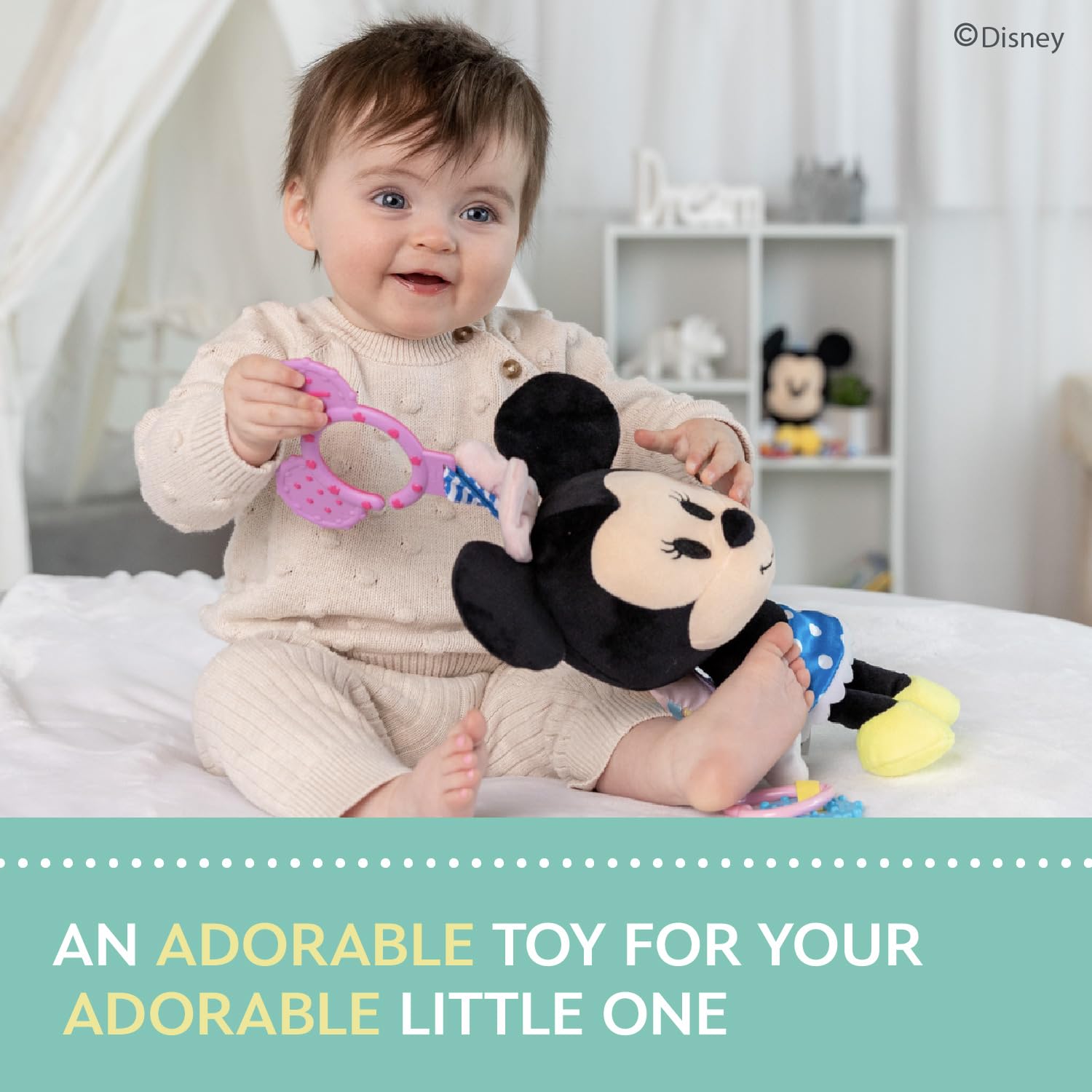 Disney Baby Minnie Mouse On The Go Activity Toy with Teething Rings, Crinkle Sounds, Mirror, and Rattle for Babies and Infants