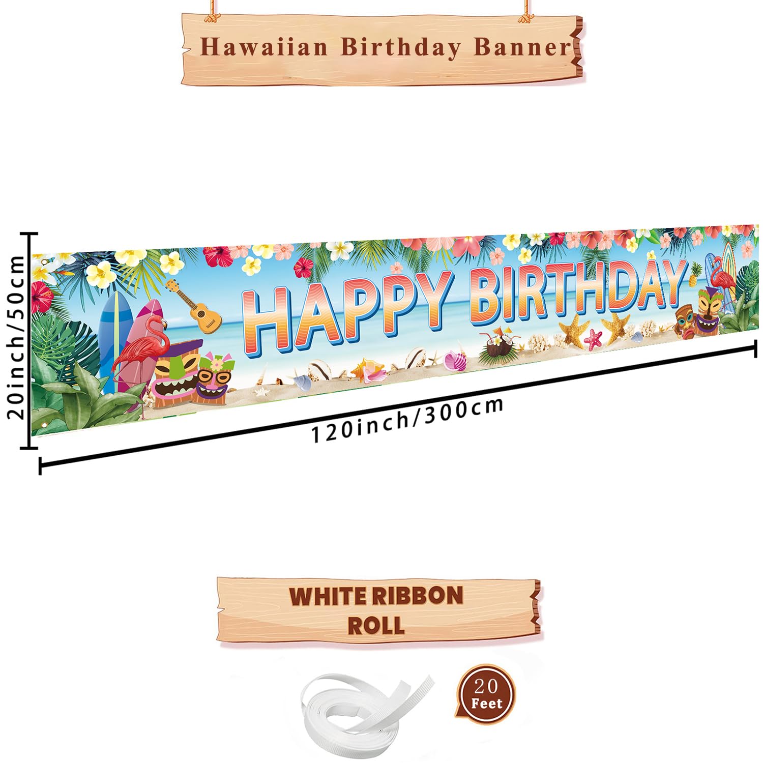 Hawaiian Birthday Banner, 118 x 20 Inch Aloha Luau Hawaiian Party Decorations for Outdoor Porch Fence Patio