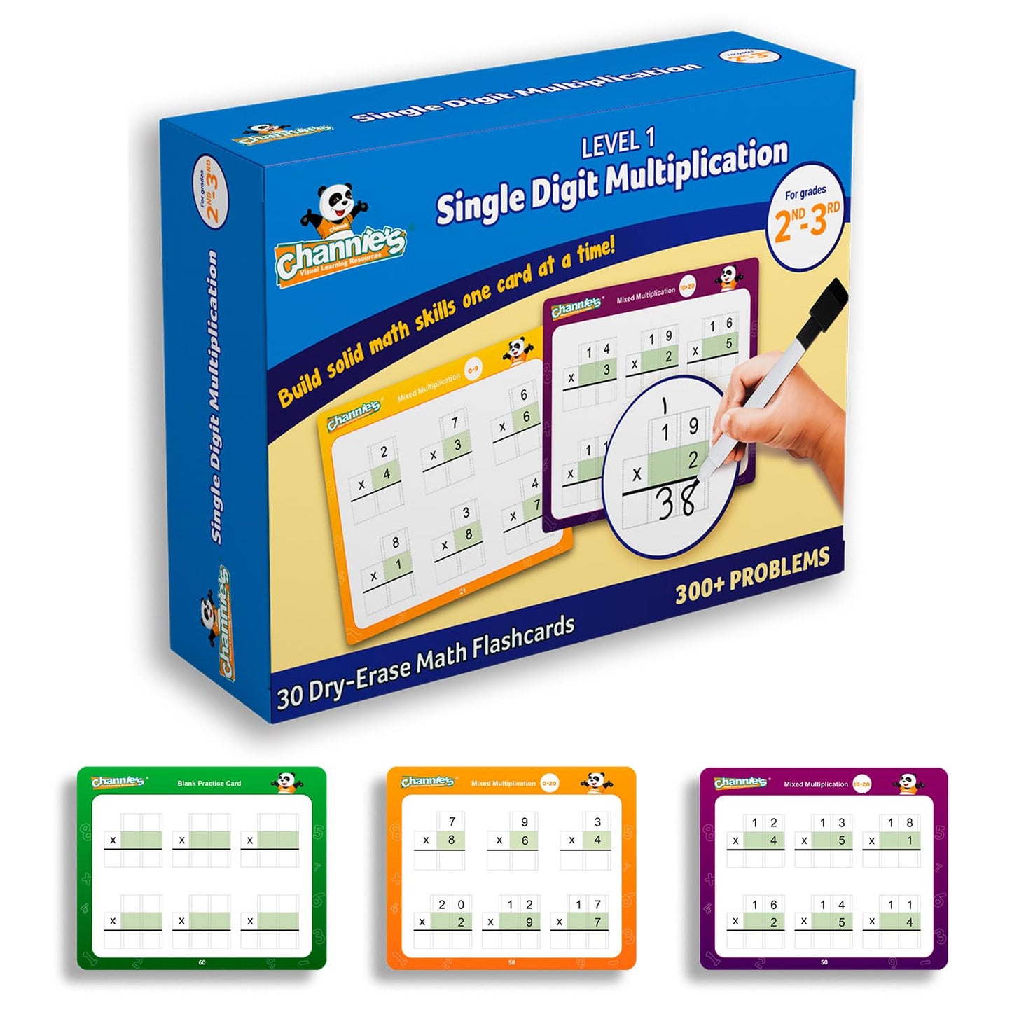 Channie’s Single Digit Multiplication Flashcards, 30 Double-Sided Dry Erase 2nd - 3rd Grade Multiplication Flash Cards, Easy-to-Use Level 1